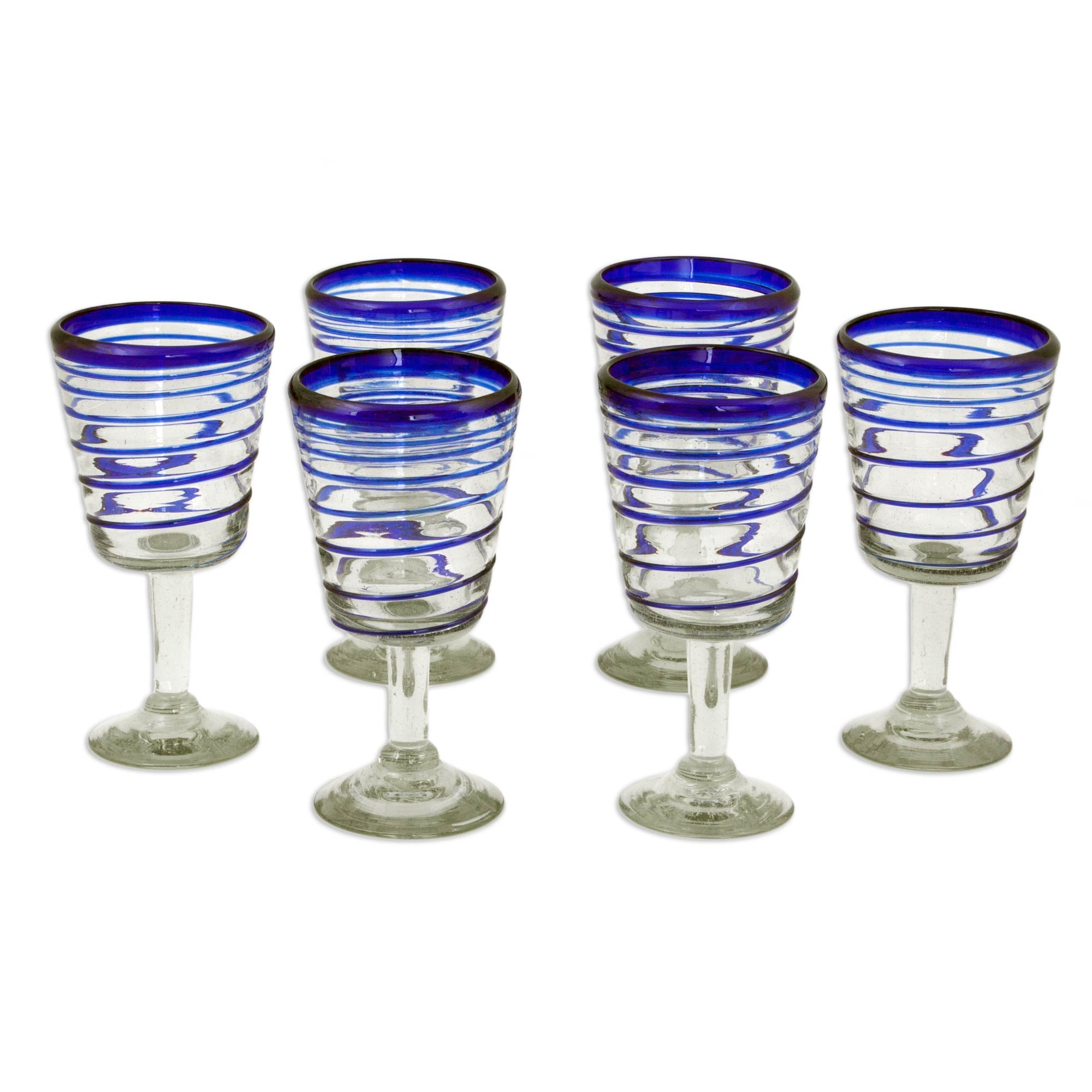 Premium Handblown Cobalt Spirals Recycled Glass Wine Glasses - Set of 6