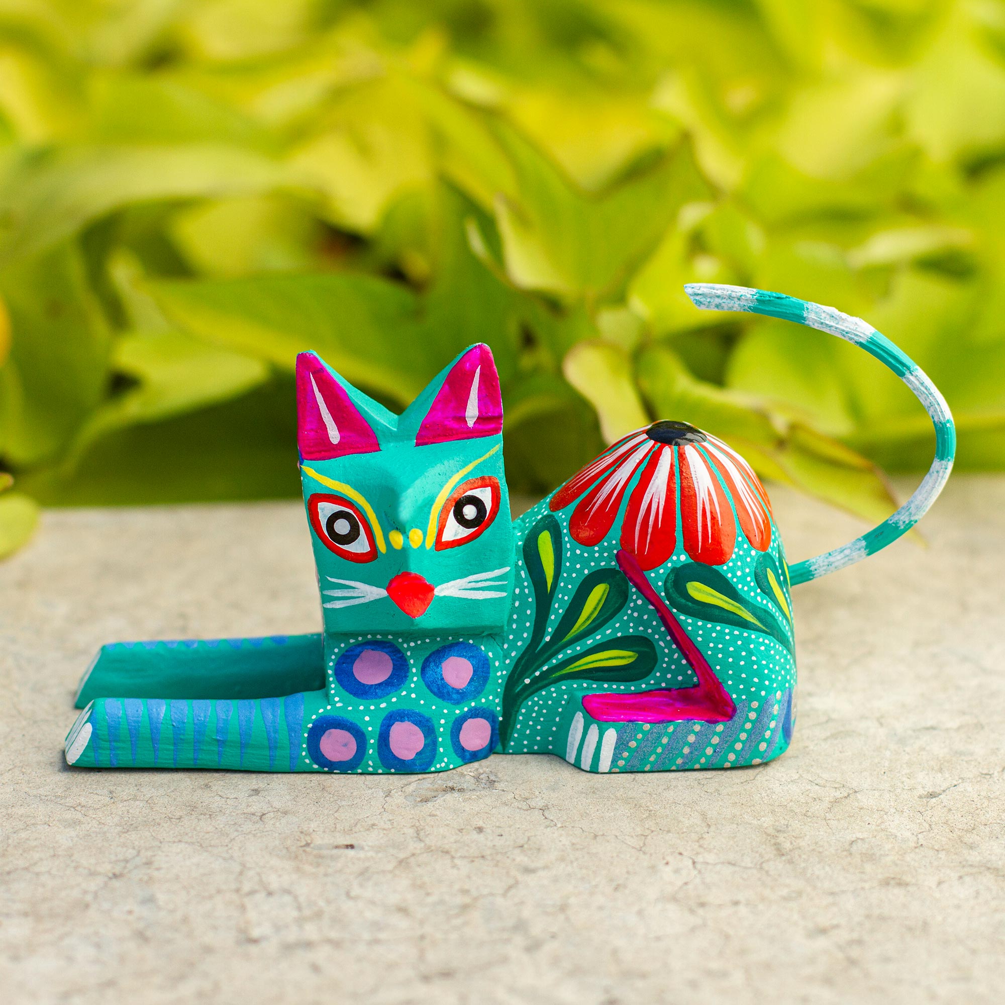 Premium Teal Copal Wood Alebrije Cat Sculpture – Handcrafted Mexican Art