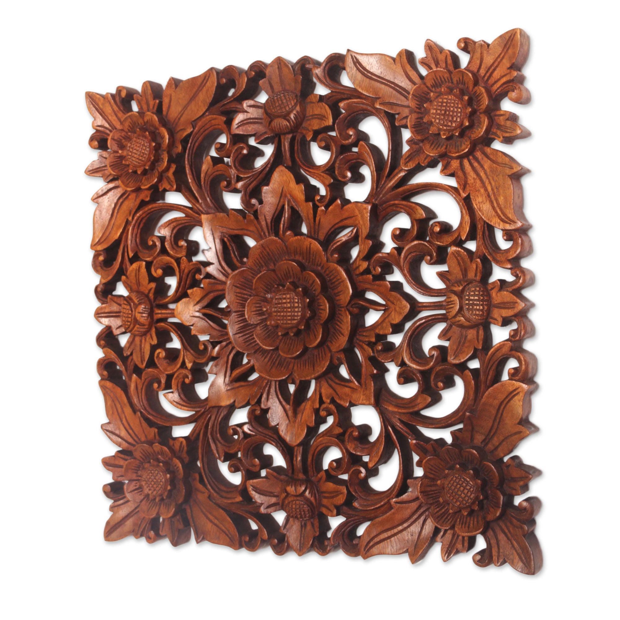 Premium Hand-Carved Suar Wood Floral Wall Art Panel