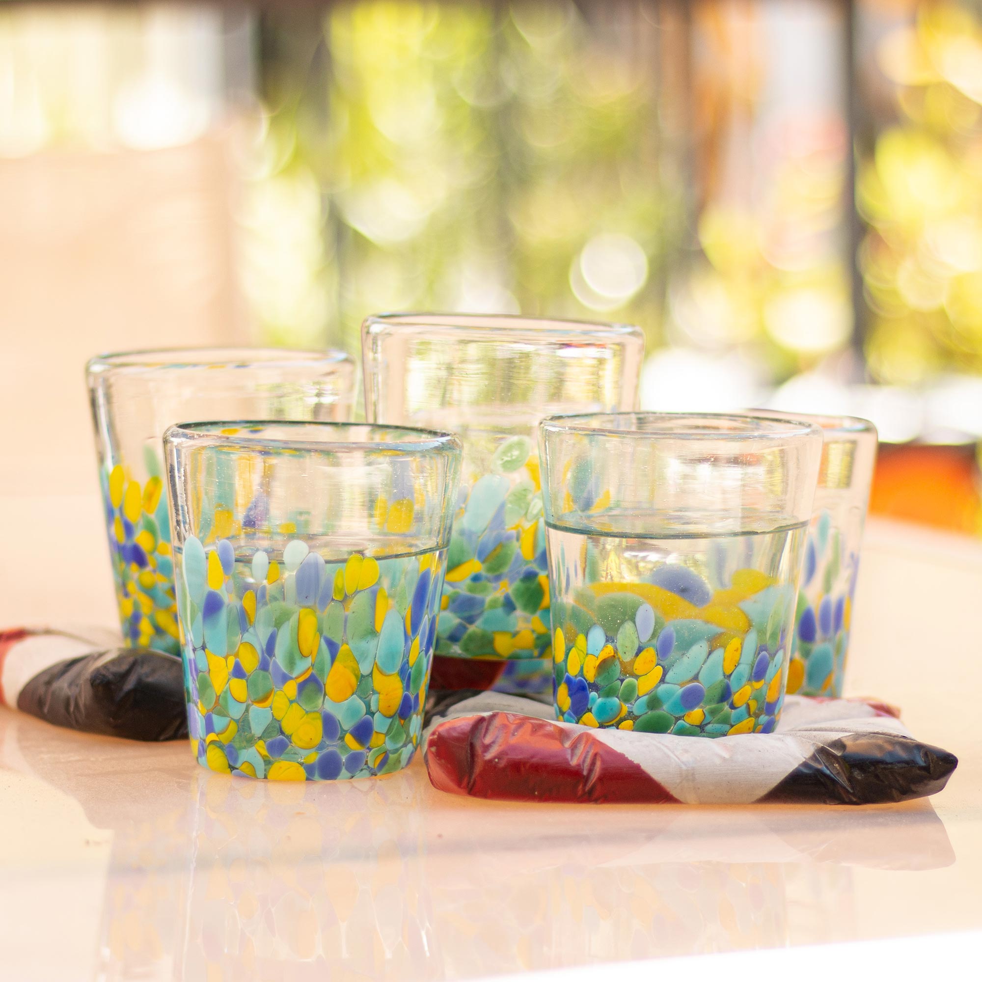 Premium Tropical Confetti Recycled Glass Rocks Glasses - Set of 6, 11 Oz.