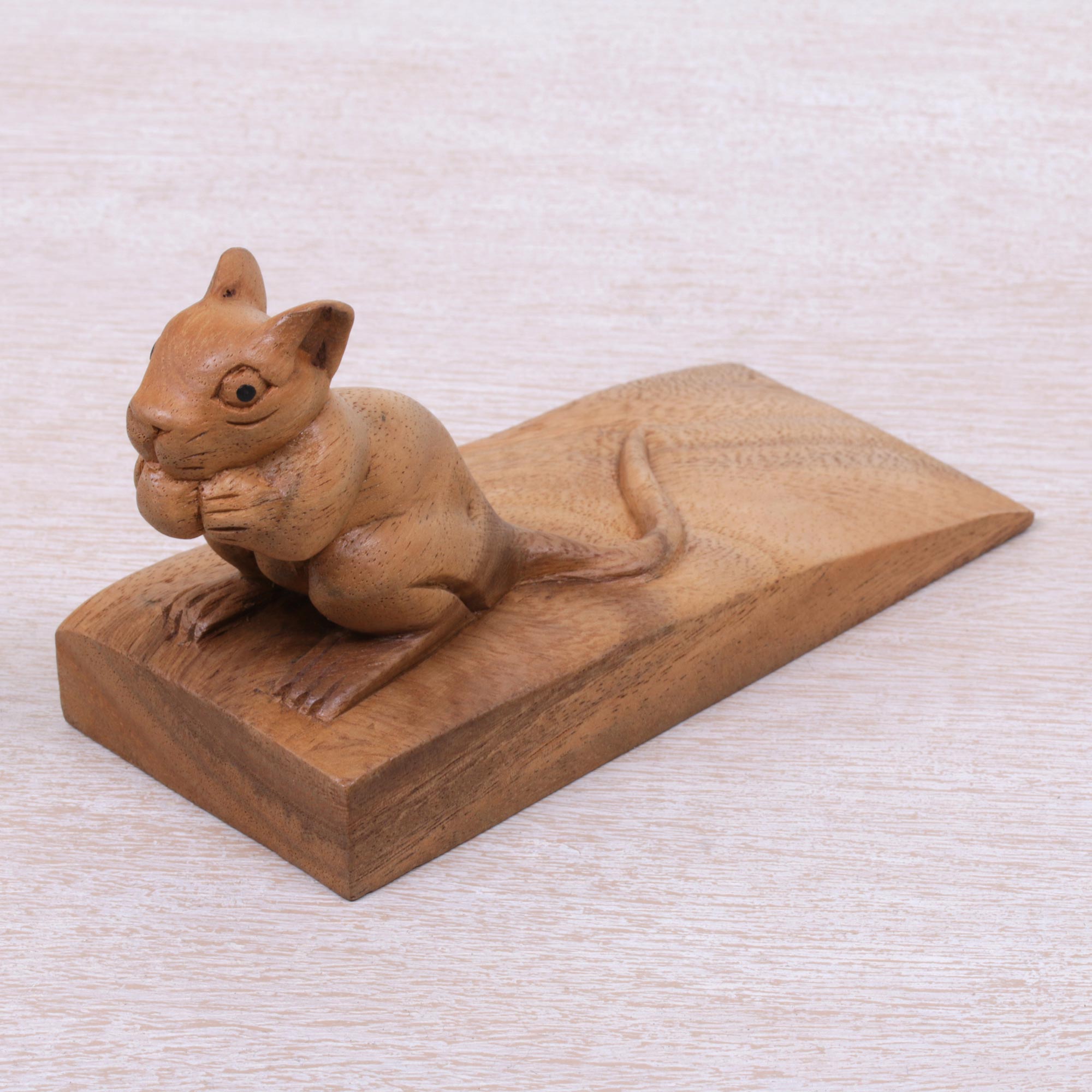Premium Hand-Carved Wooden Mouse Door Stopper - Natural Brown Finish
