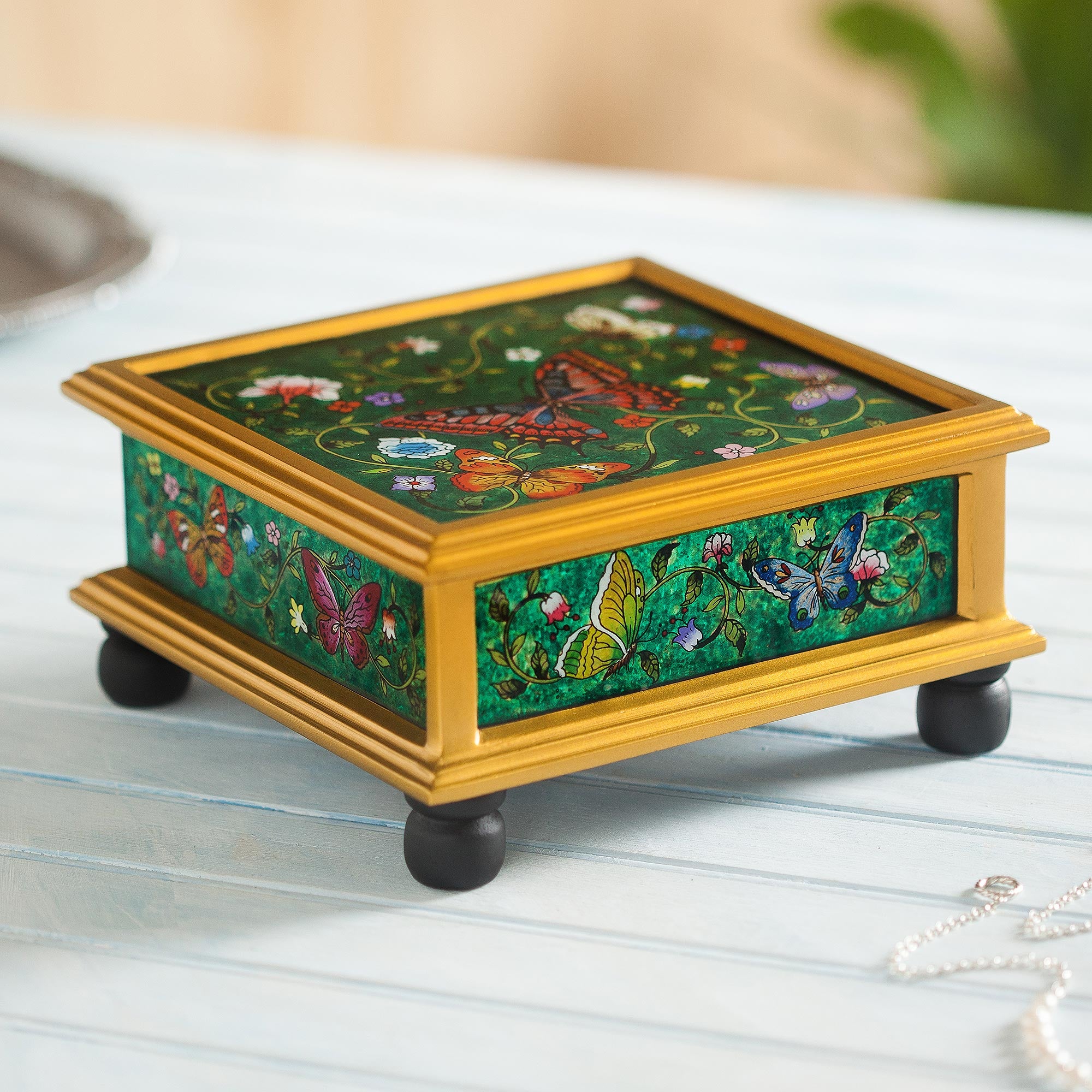 Premium Teal Winter Butterflies Reverse Painted Glass Box - Handcrafted Artisan Decor