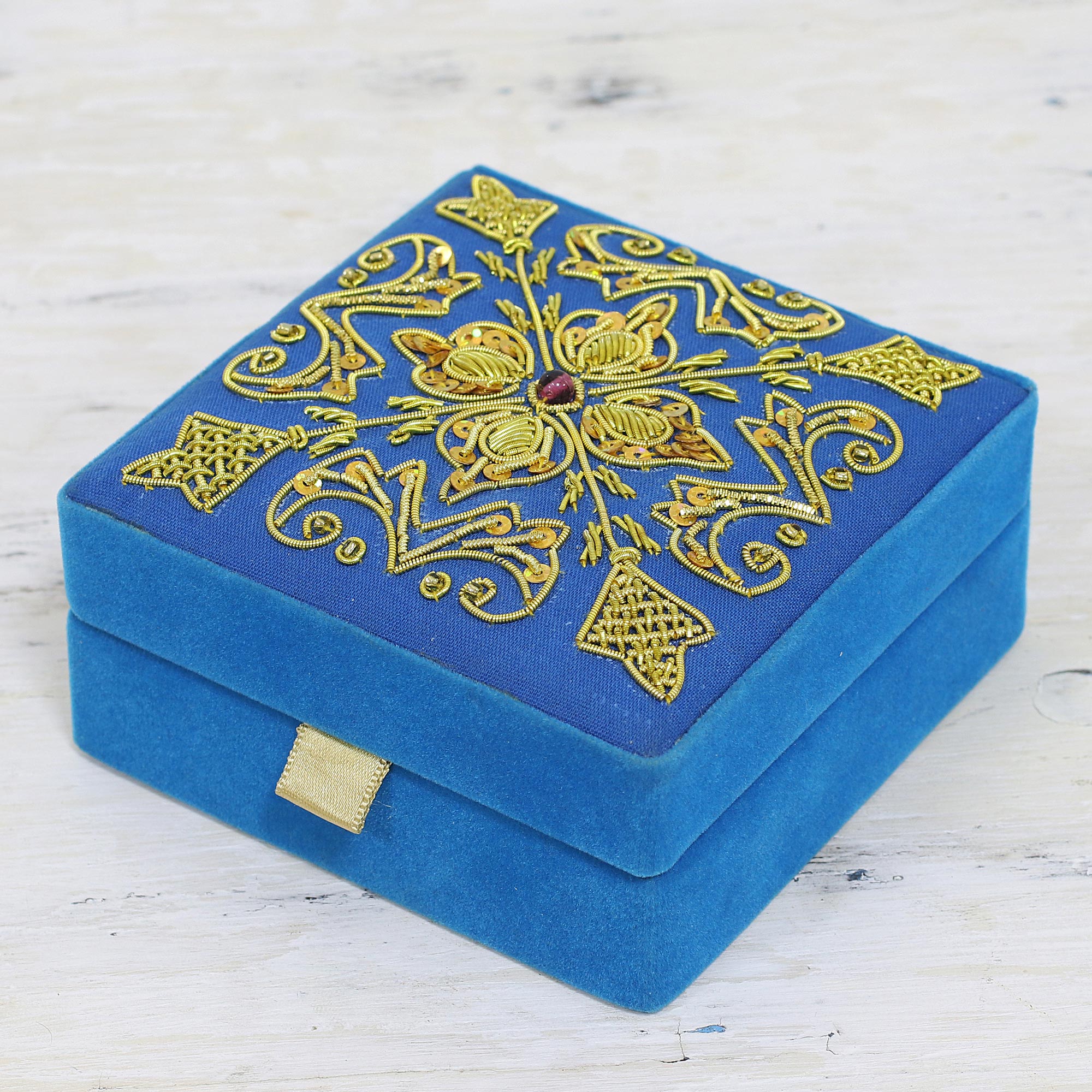 Premium Royal Sky Blue Embroidered Wood Box - Handcrafted in India