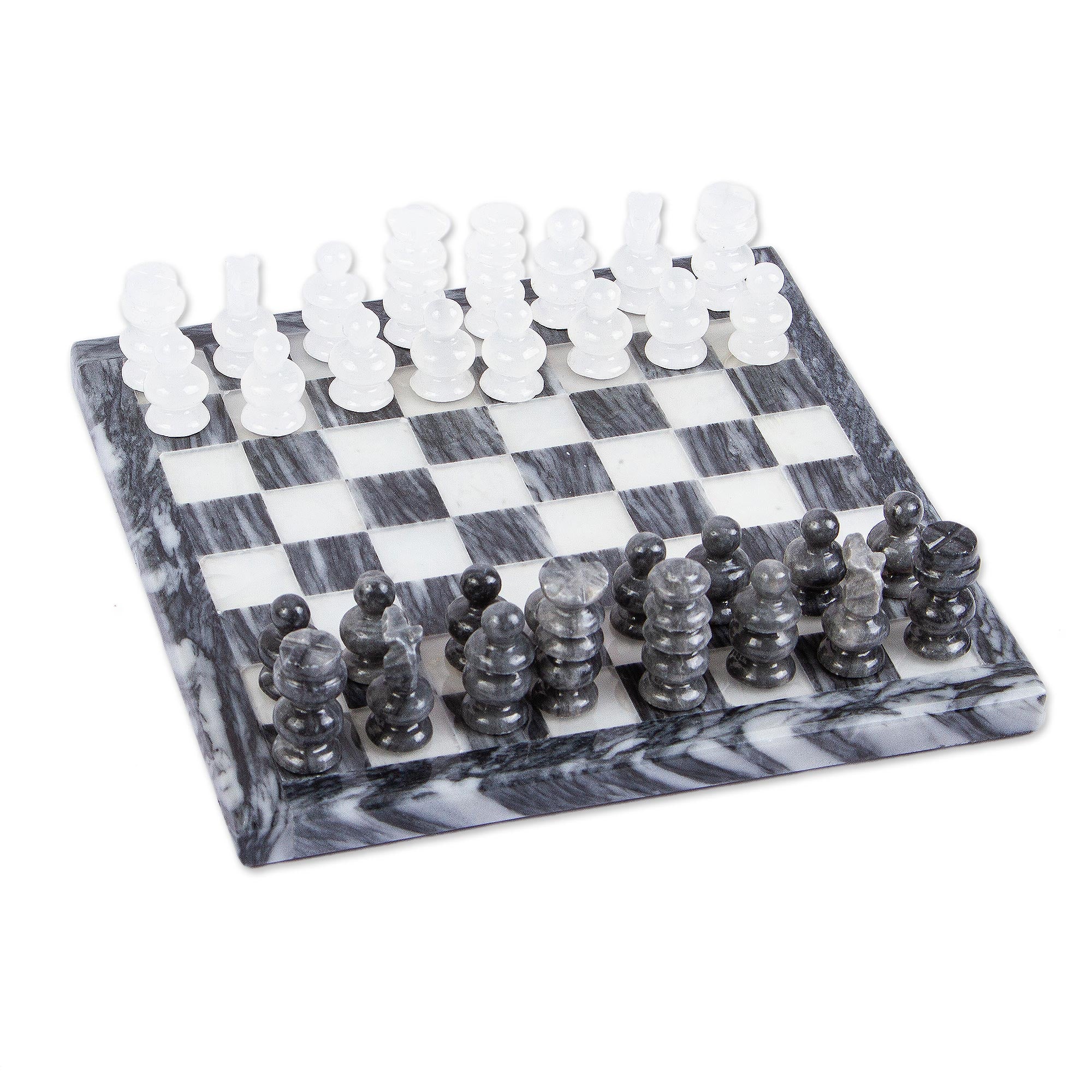Premium White and Ash Mexican Onyx & Grey Marble Travel Chess Set