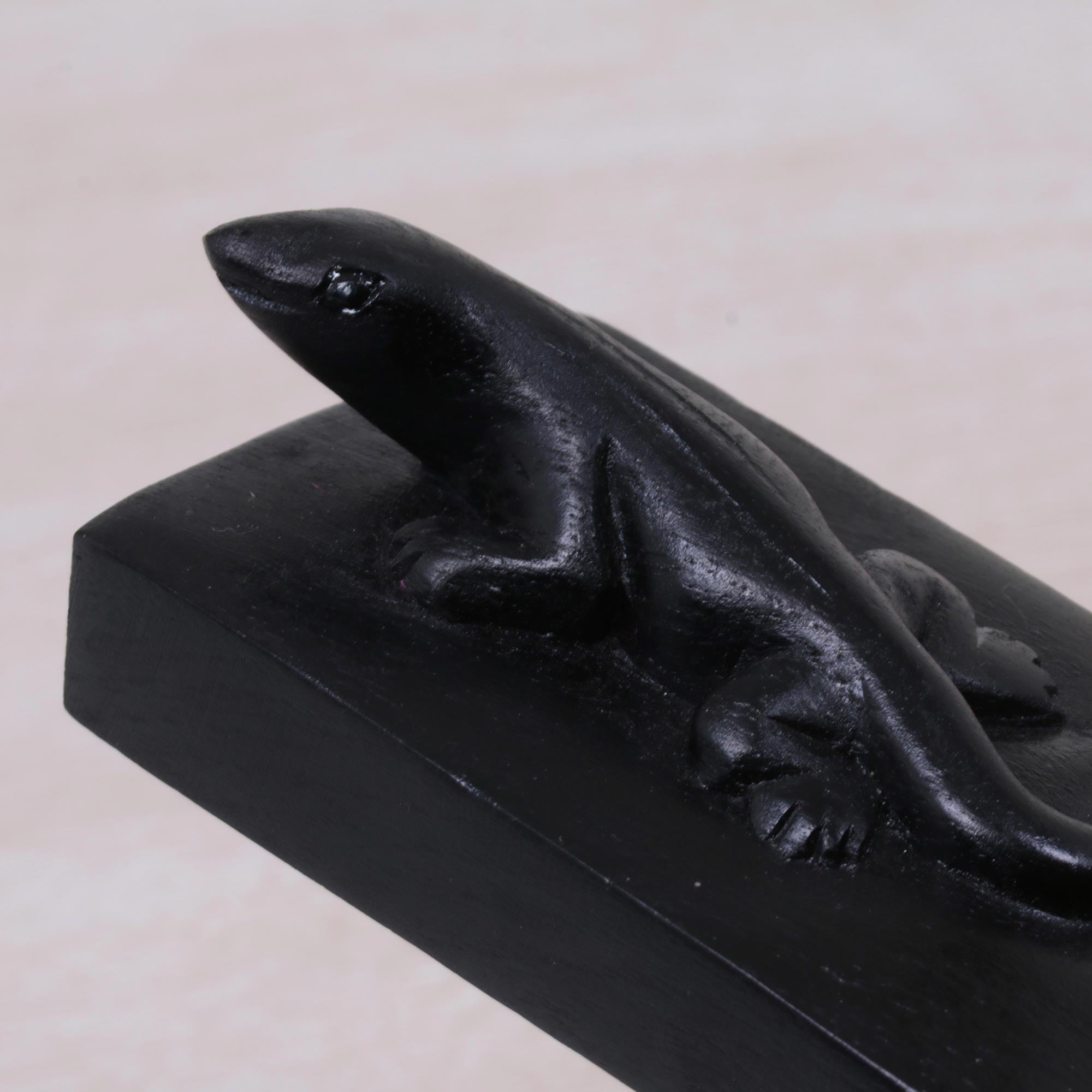 Premium Hand-Carved Suar Wood Gecko Door Stopper - Black