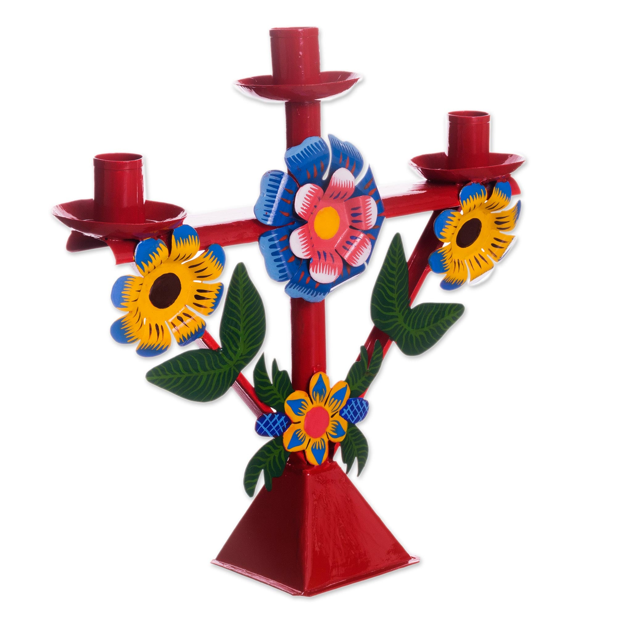Premium Handcrafted Red Floral Recycled Metal Candelabra from Peru