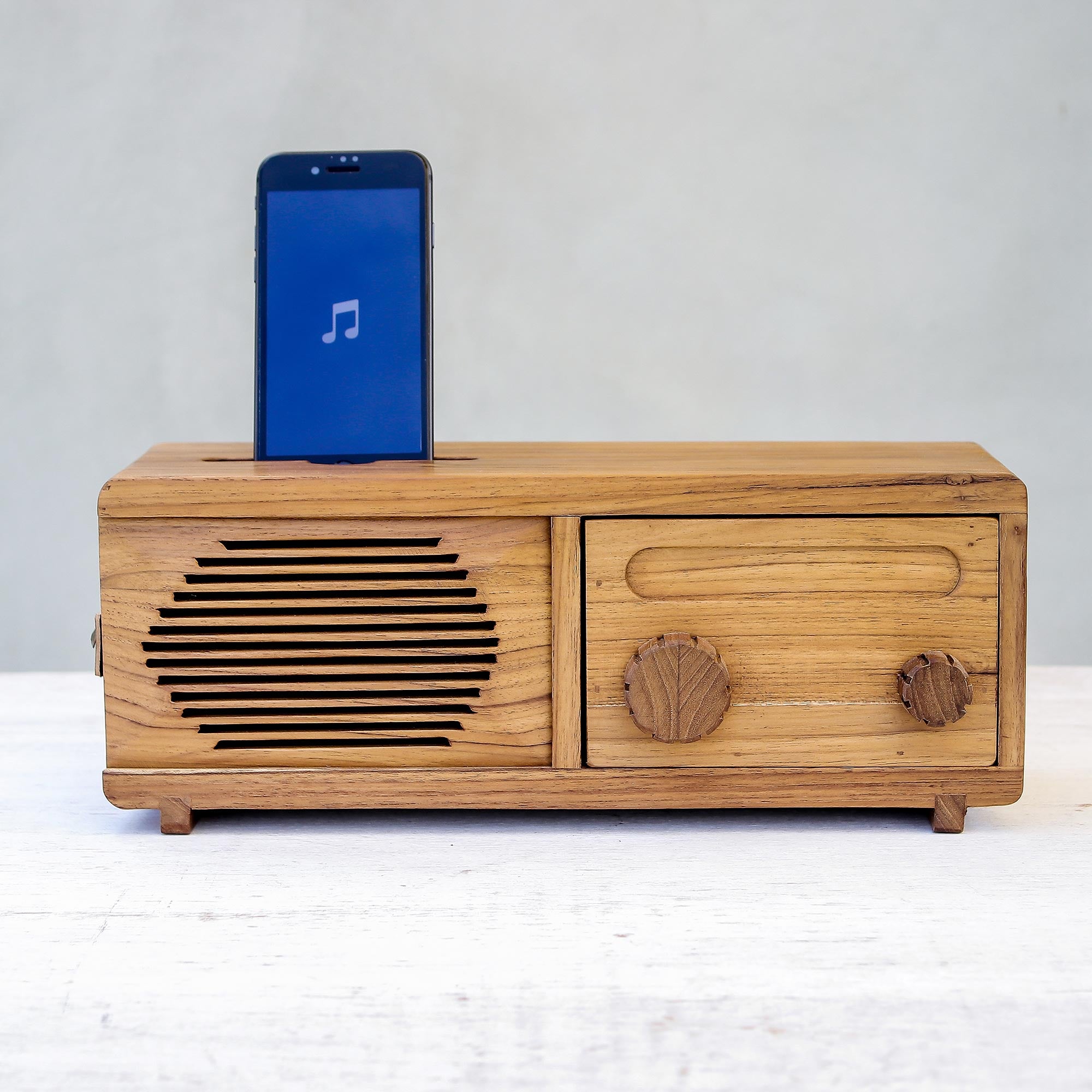 Premium Vintage Radio Phone Speaker - Handcrafted Teak Wood Design