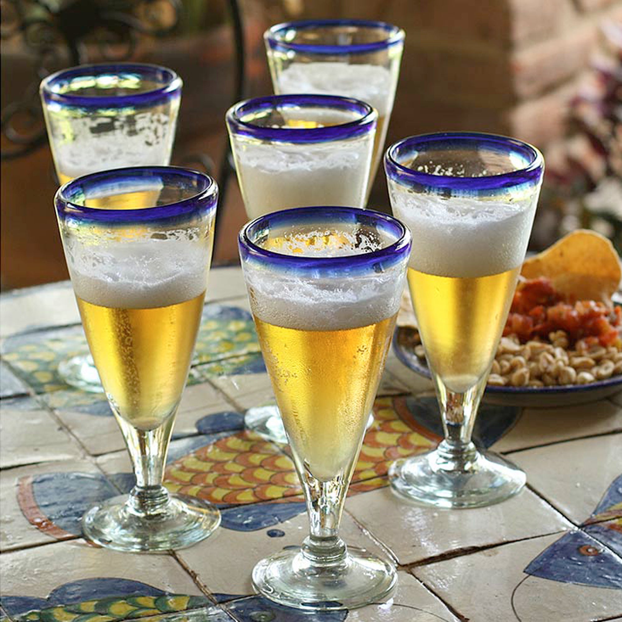 Premium Bohemian Handblown Blue Rim Beer Glasses - Artisan Crafted & Eco-Friendly