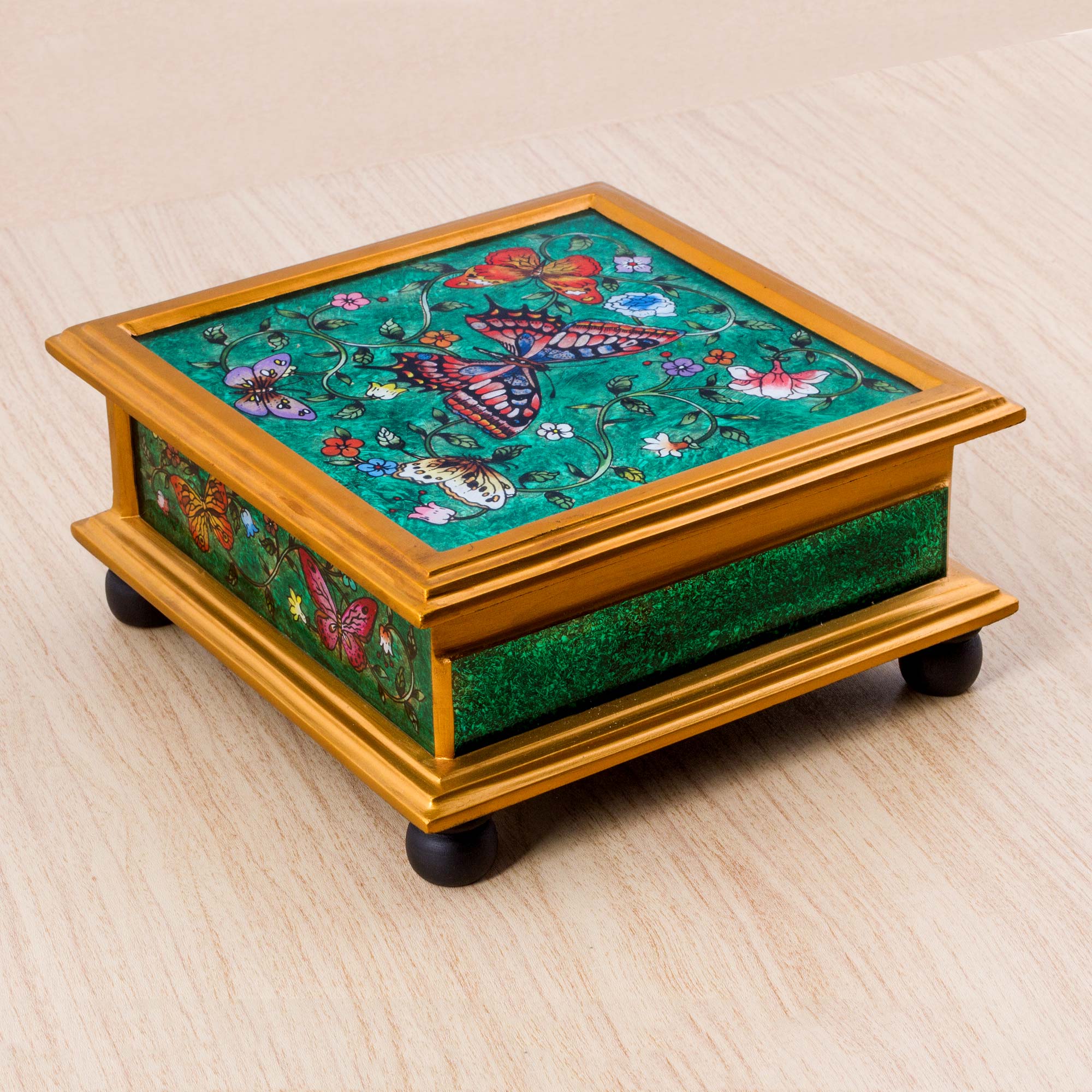 Premium Teal Winter Butterflies Reverse Painted Glass Box - Handcrafted Artisan Decor