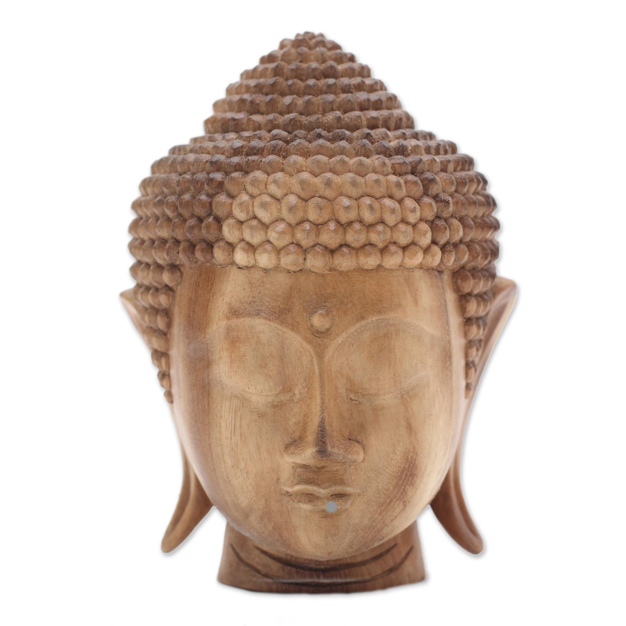 Premium Hand-Carved Suar Wood Buddha Head Sculpture - Serene Art from Bali