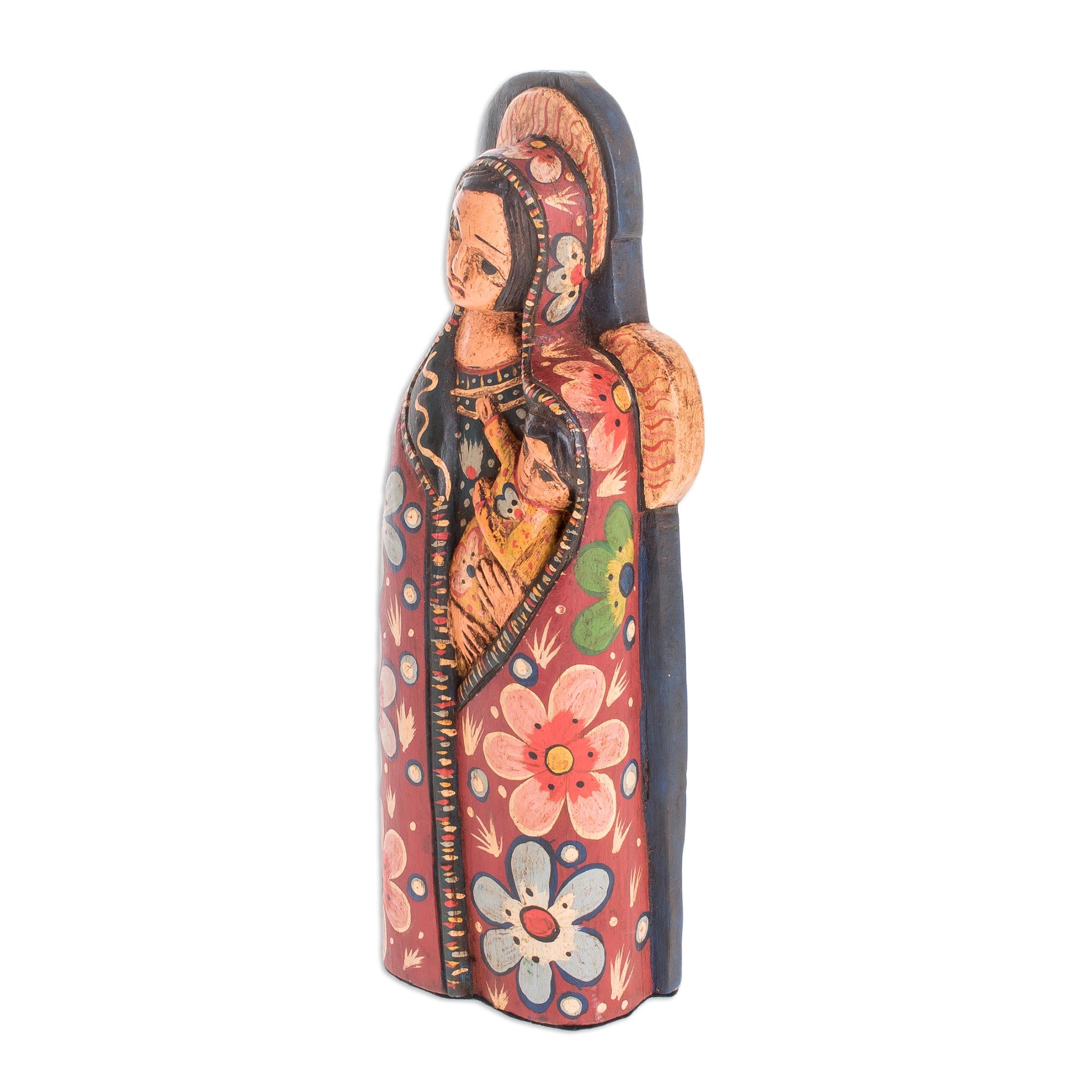 Premium Hand-Carved Mother of Love Mary and Jesus Statuette - Rustic Pinewood Art from Guatemala