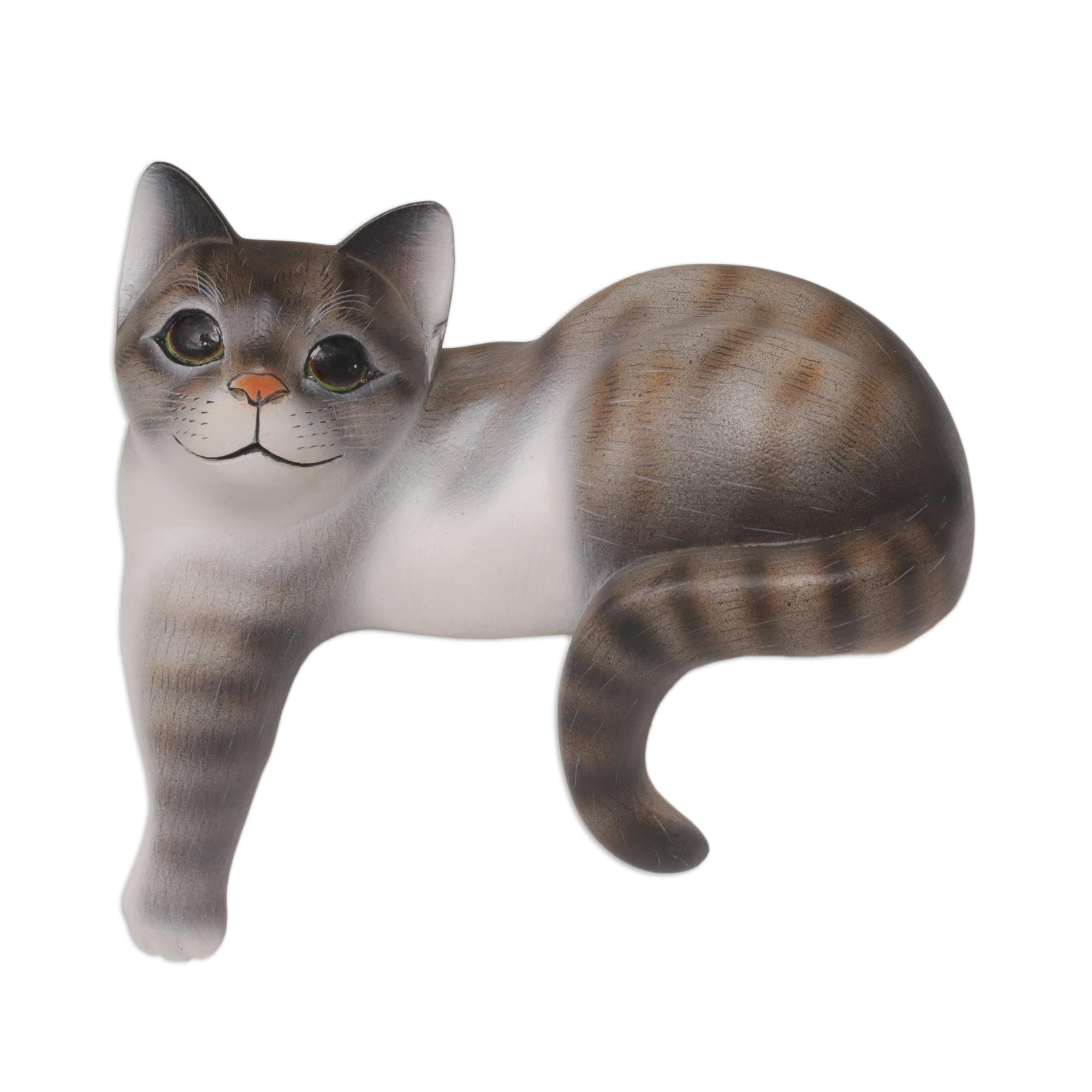 Premium Hand-Carved Grey Cat Sculpture - Balinese Suar Wood Art Piece