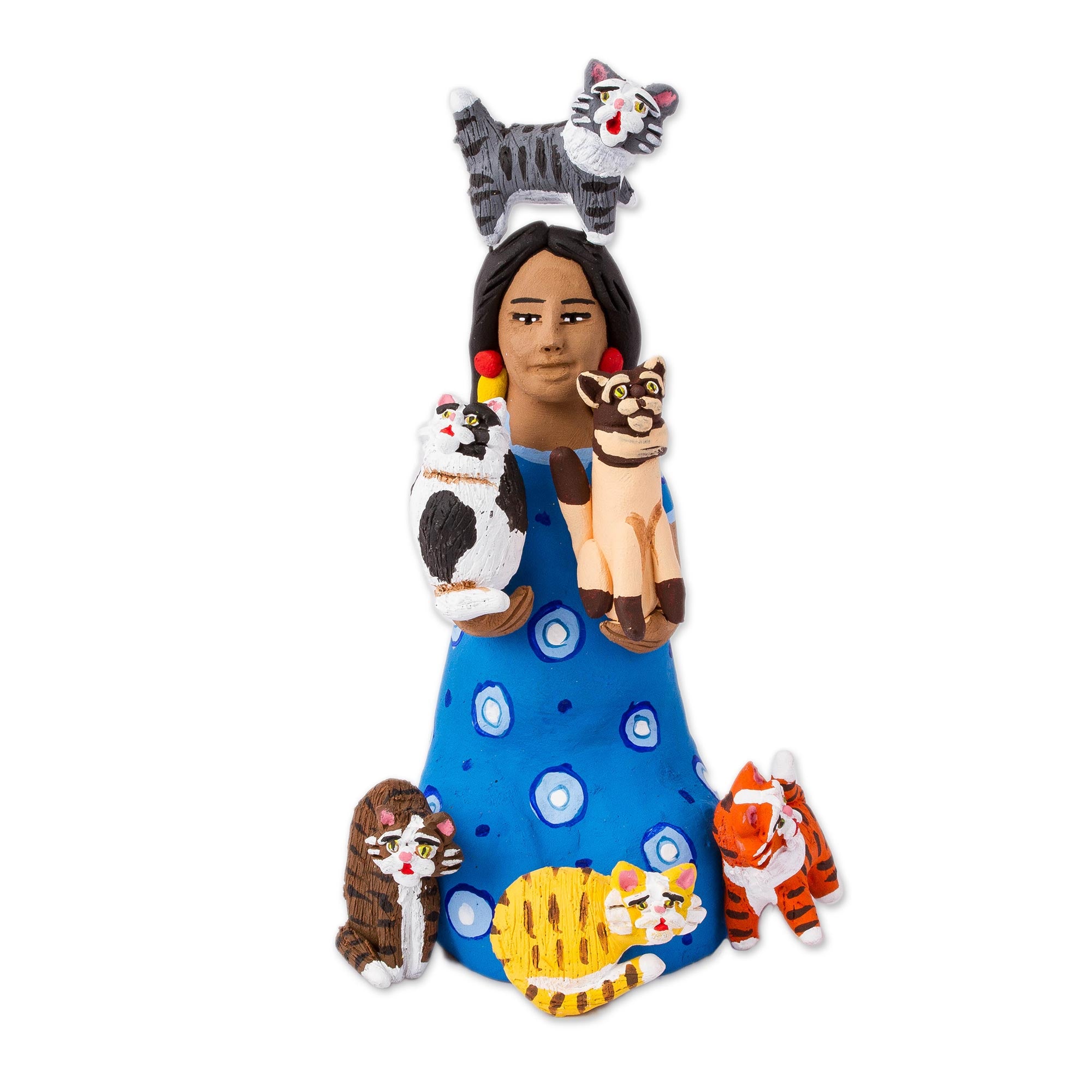 Premium Hand-Painted Ceramic Sculpture: Woman with Cats - Unique Artisan Craft