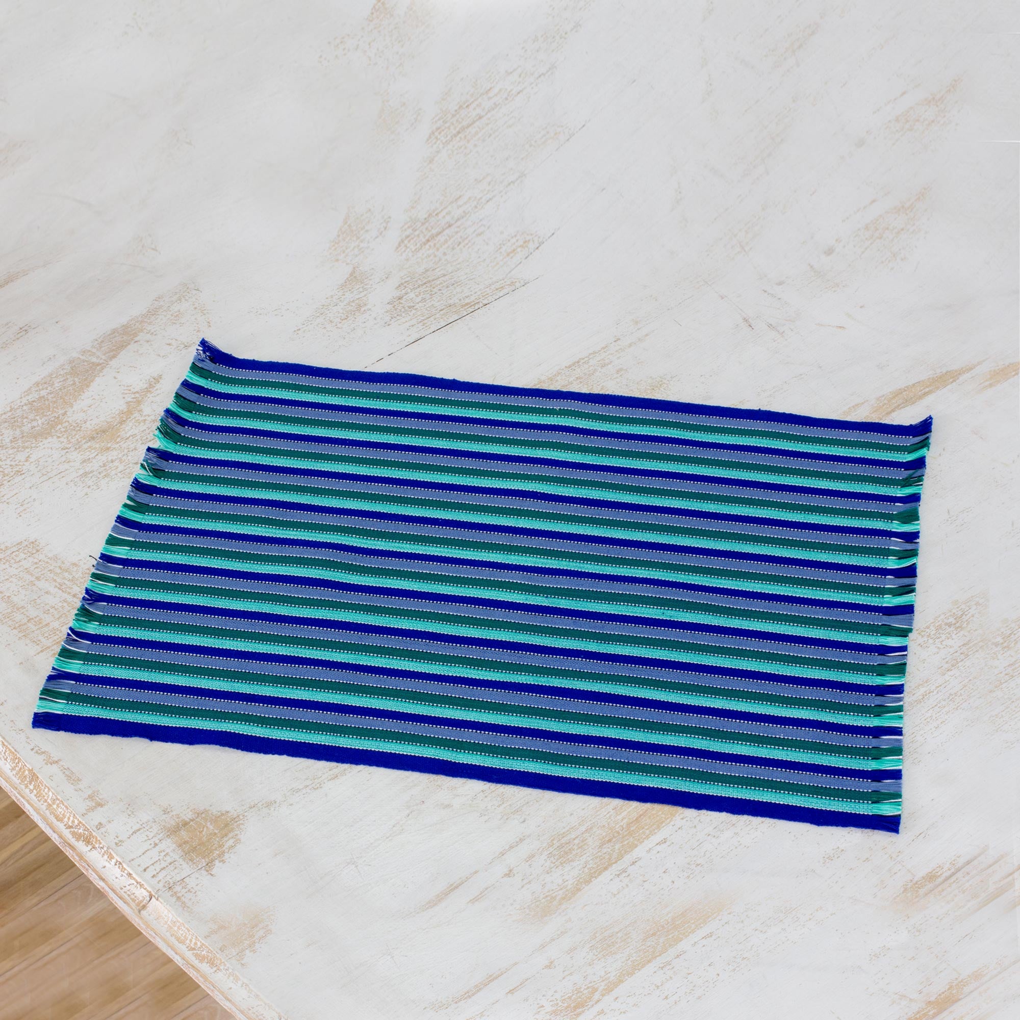 Premium Blue & Seafoam Striped Cotton Placemats Set of 6 - Handwoven in Guatemala