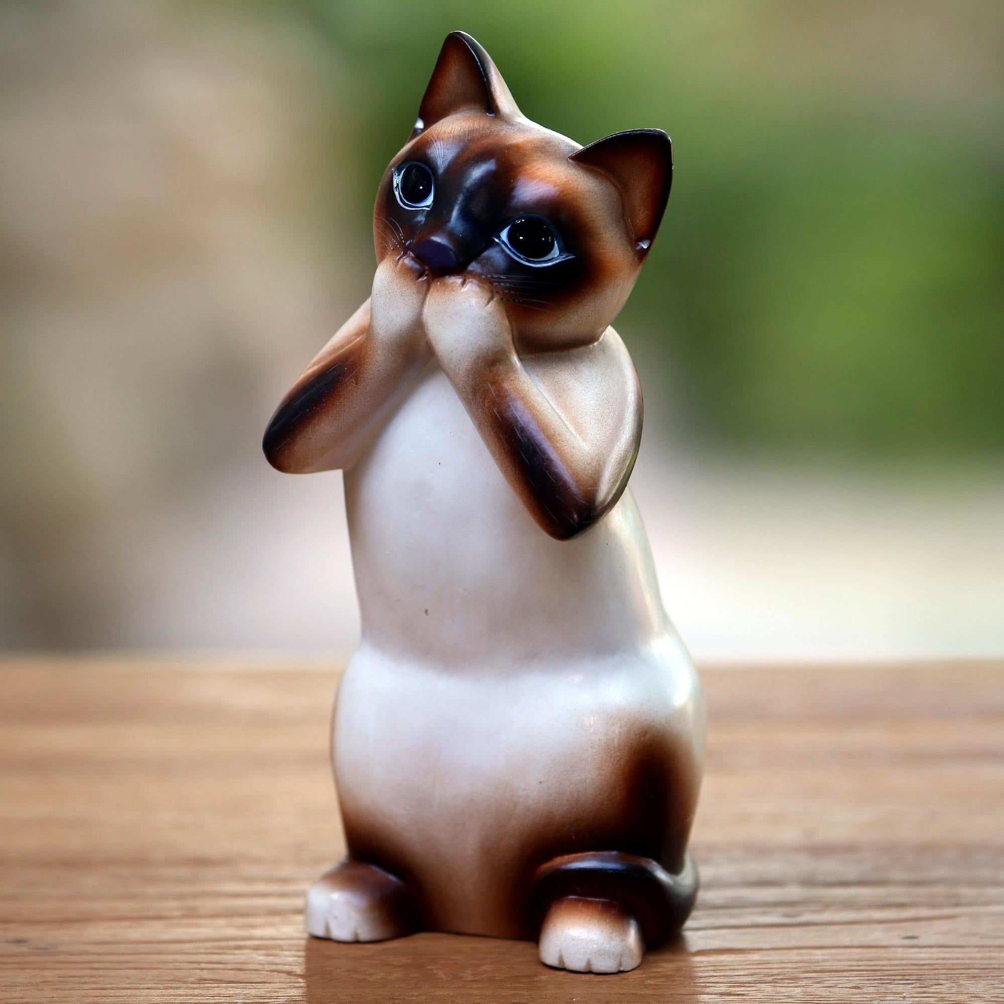 Premium Hand-Carved Siamese Cat Sculpture - Speak No Evil Design