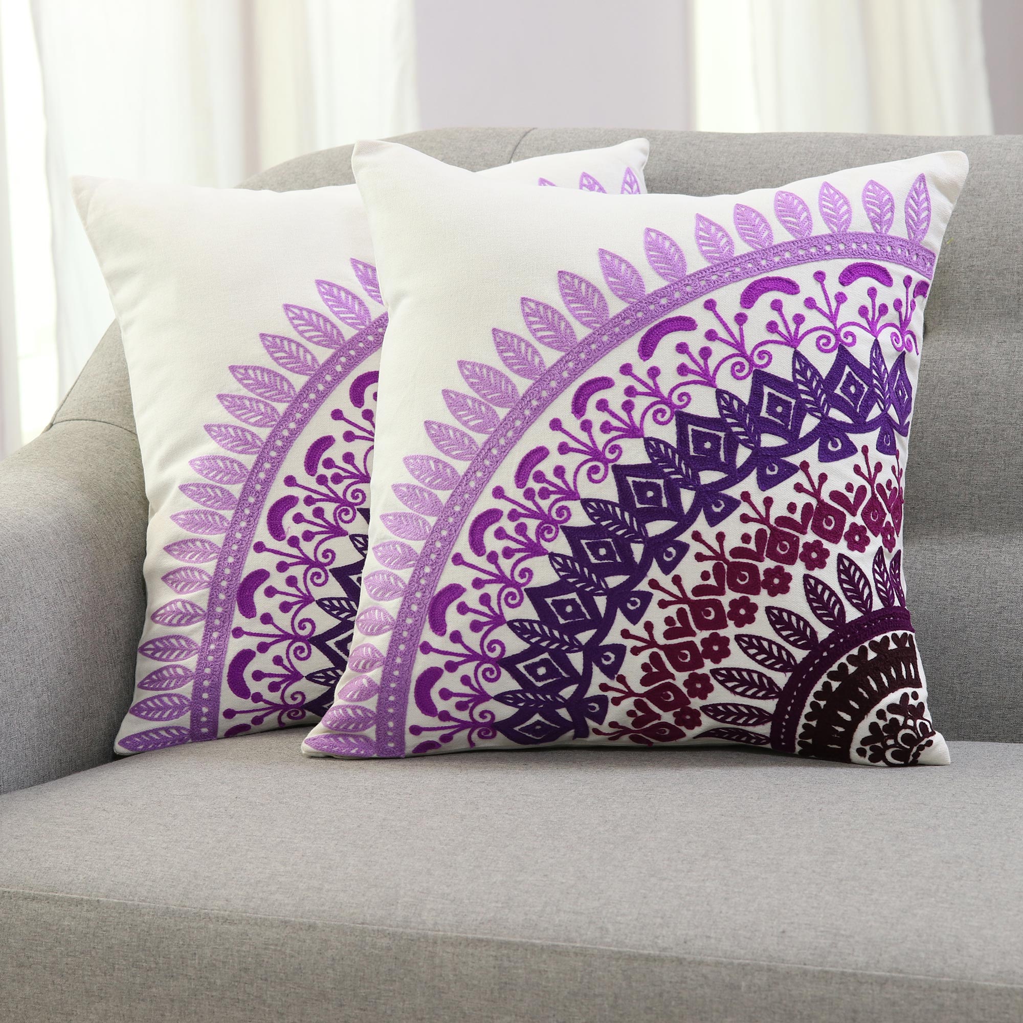 Premium Embroidered Cotton Cushion Covers - Divine Orchard Purple (Set of 2)