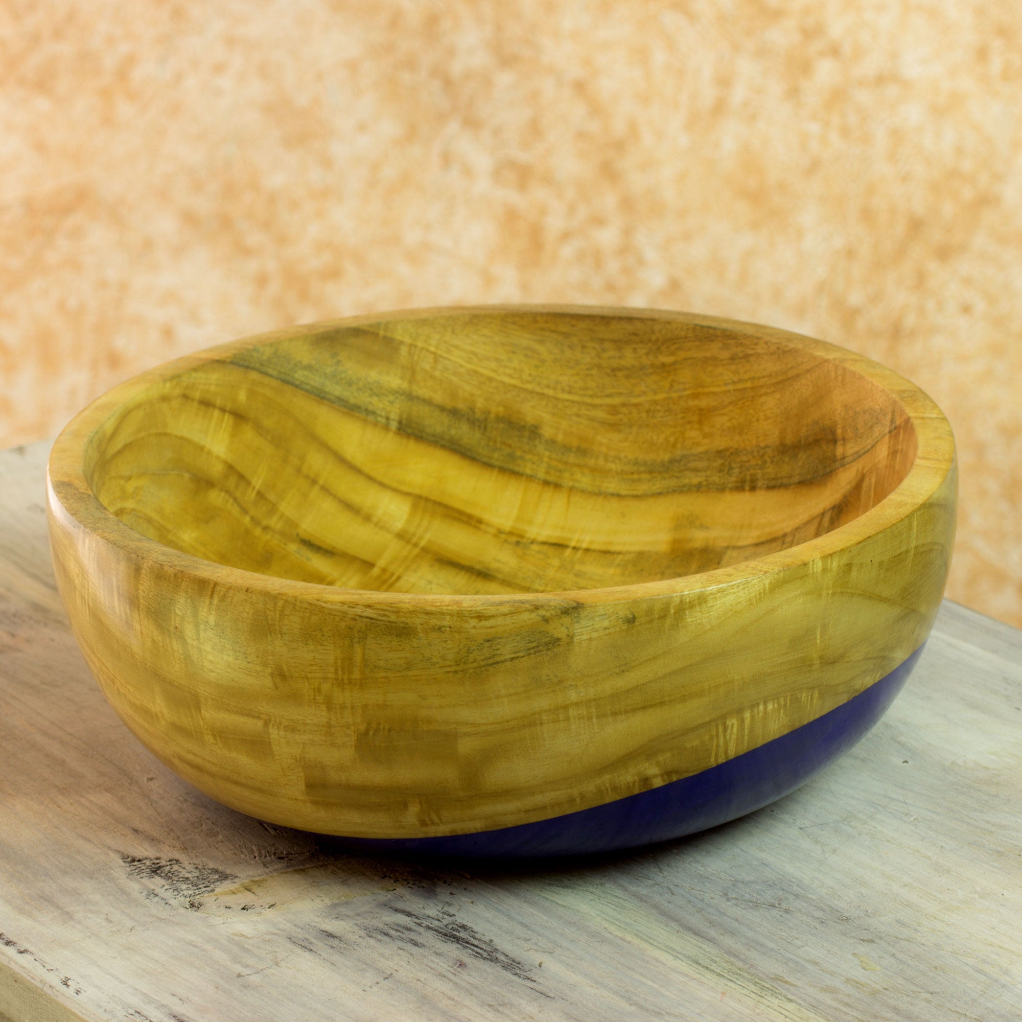 Premium Handcrafted Blue Dipped Wooden Bowl - Large