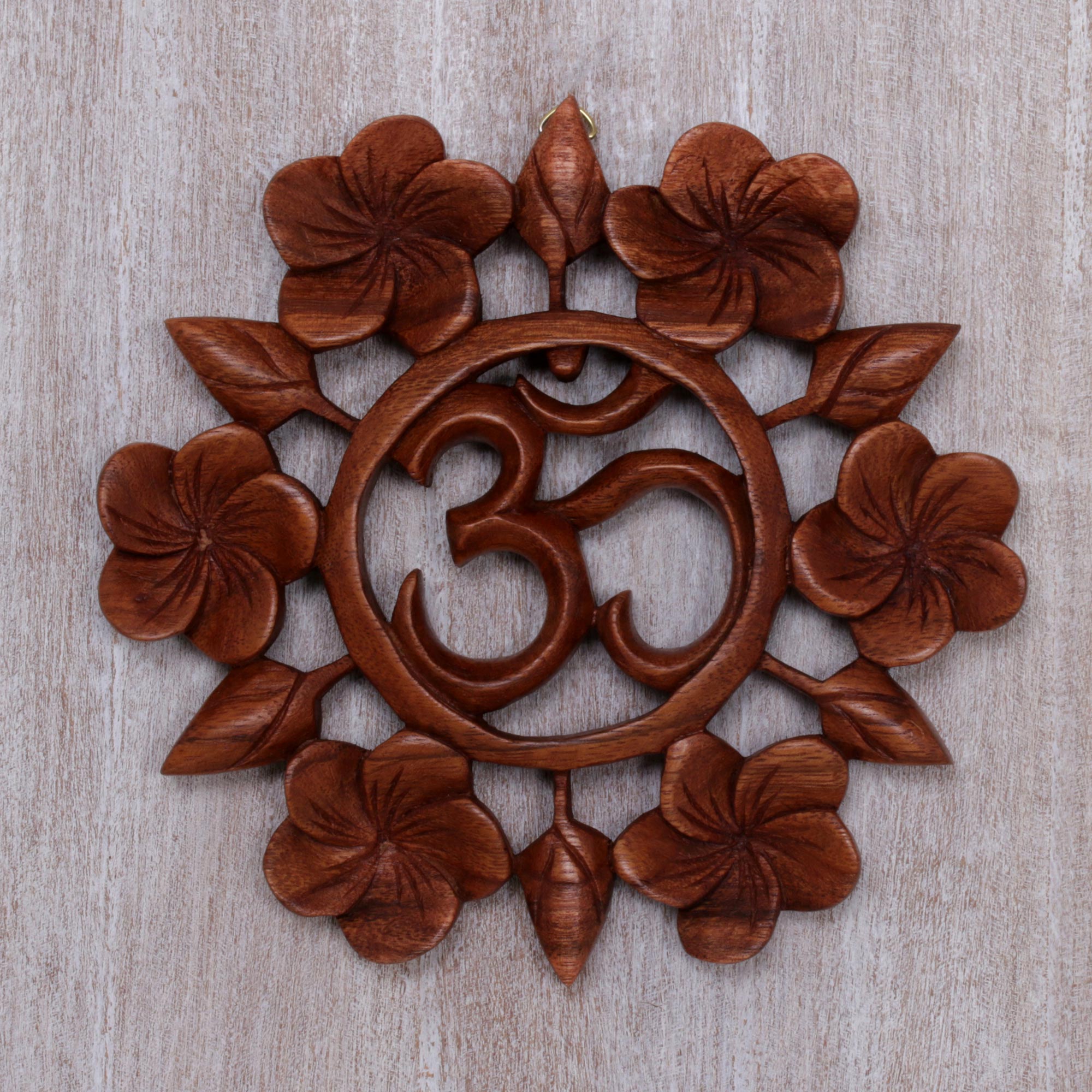 Premium Hand-Carved Suar Wood Om Wall Relief Panel - Indonesian Artisan Craft