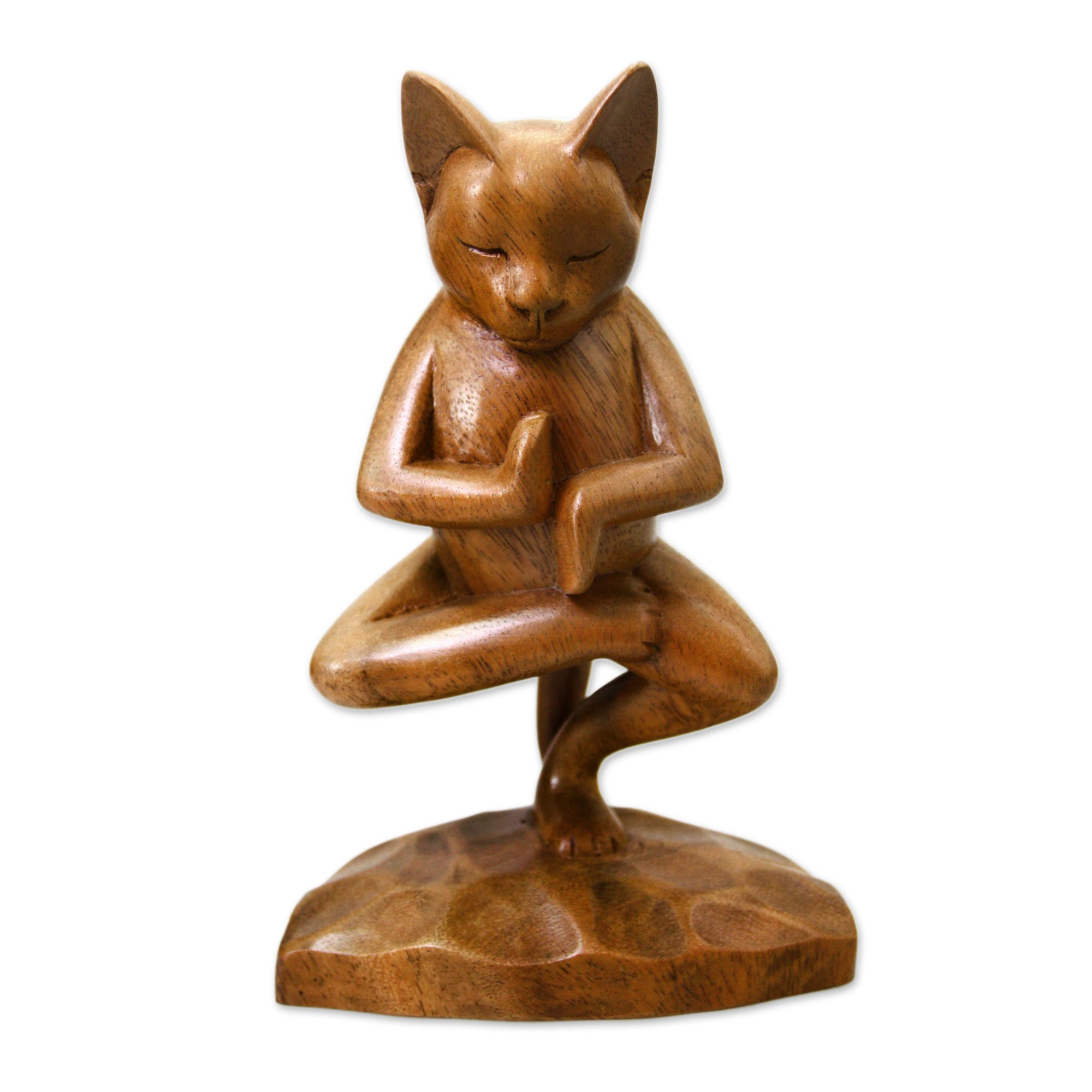 Premium Vrkasana Yoga Cat Wood Sculpture - Handcrafted Art Piece