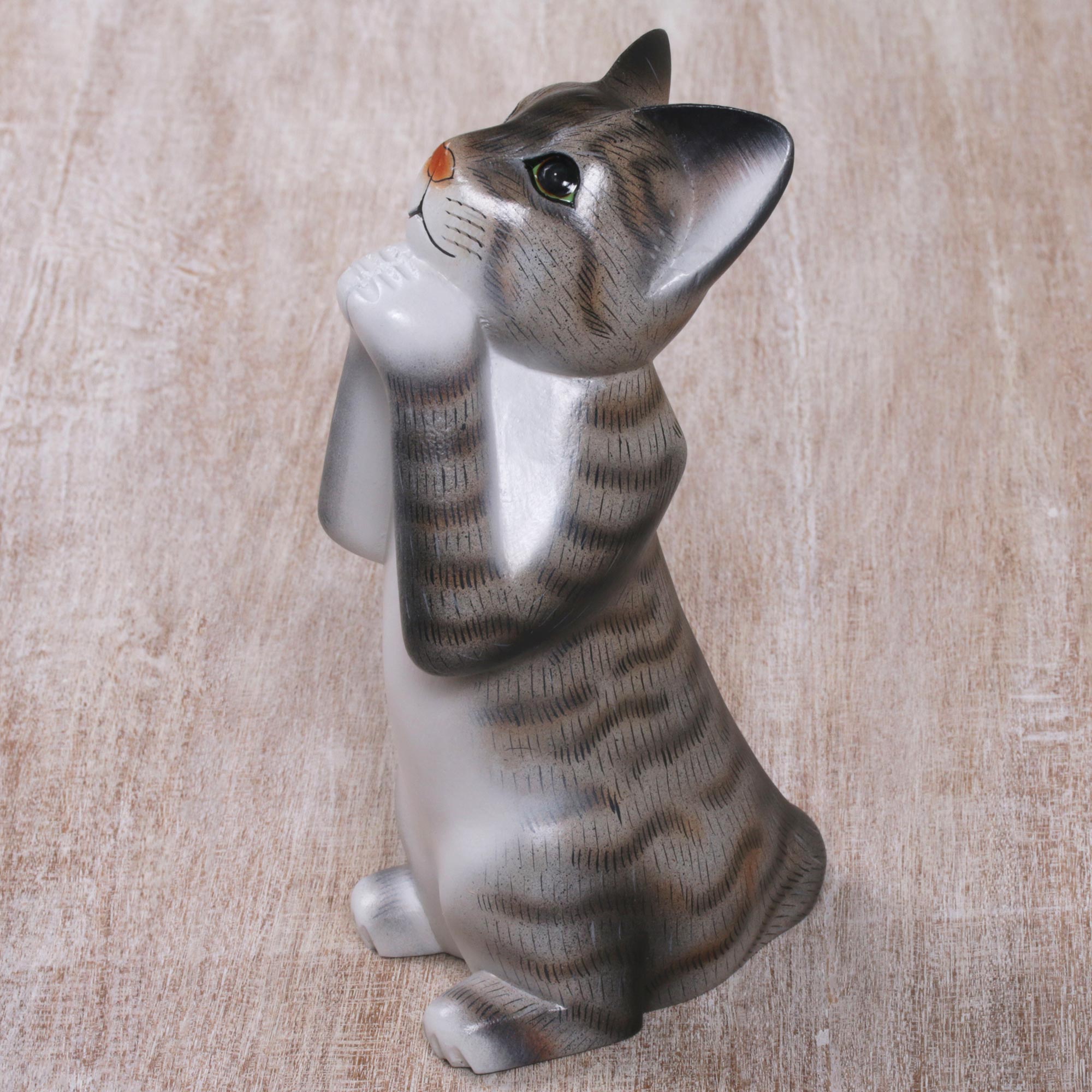 Premium Grey Wishing Cat Sculpture – Handcrafted Suar Wood Art from Bali