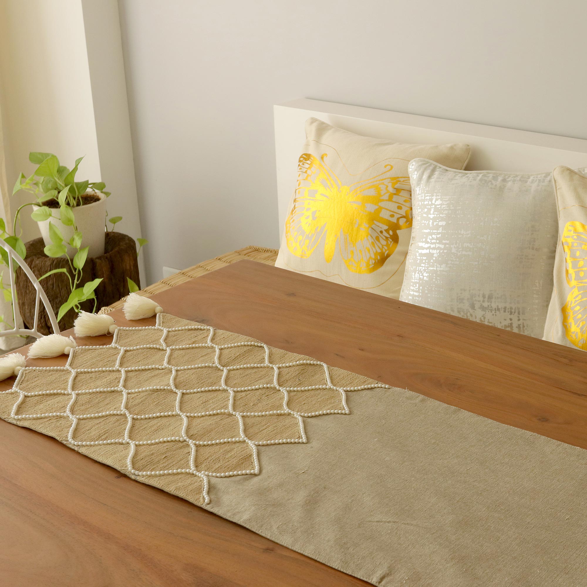 Premium Honeycomb Embroidered Cotton Table Runner with Beaded Jute Accents
