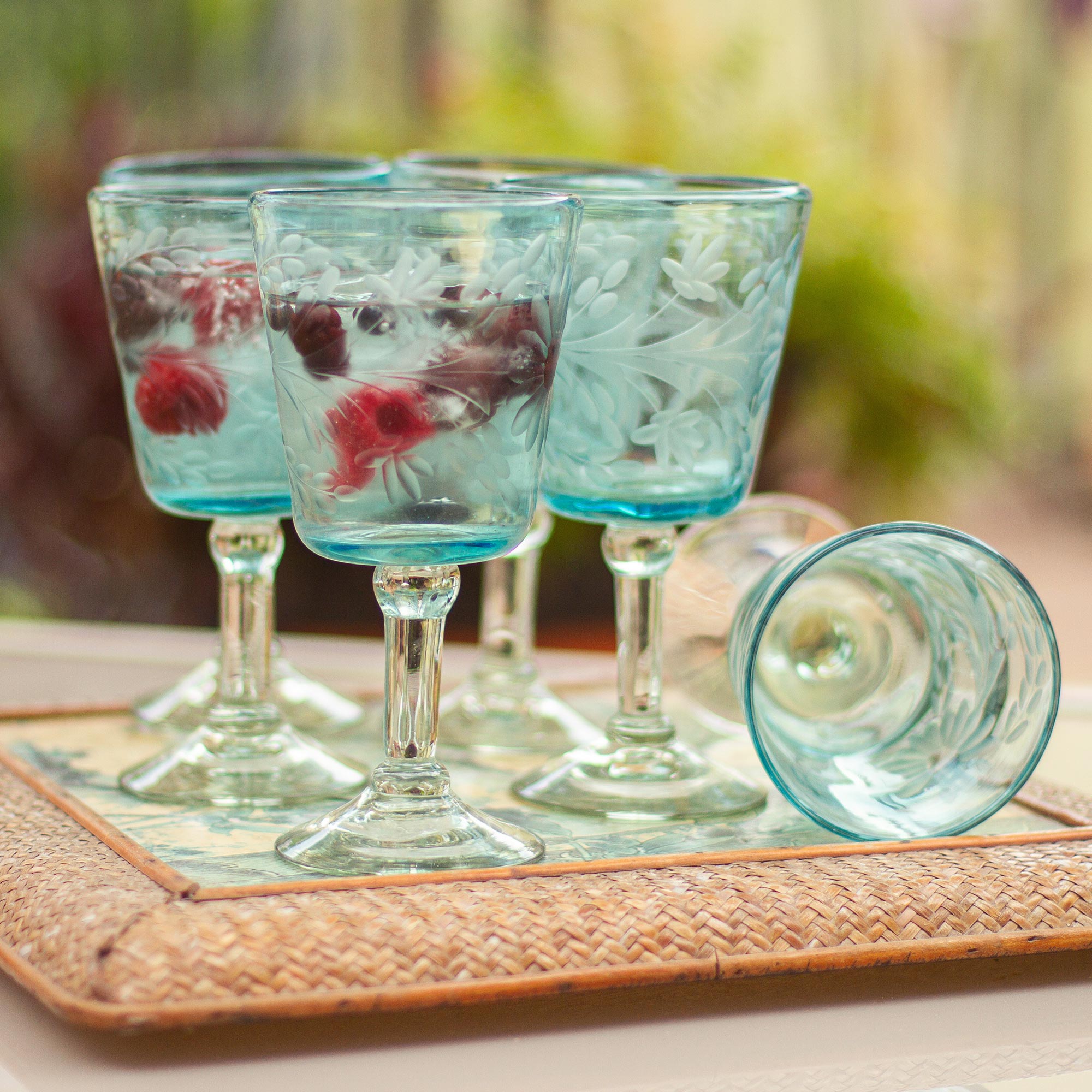 Premium Aquamarine Sunflower Hand-Blown Wine Glasses Set of 6 - Unique Artisan Craftsmanship