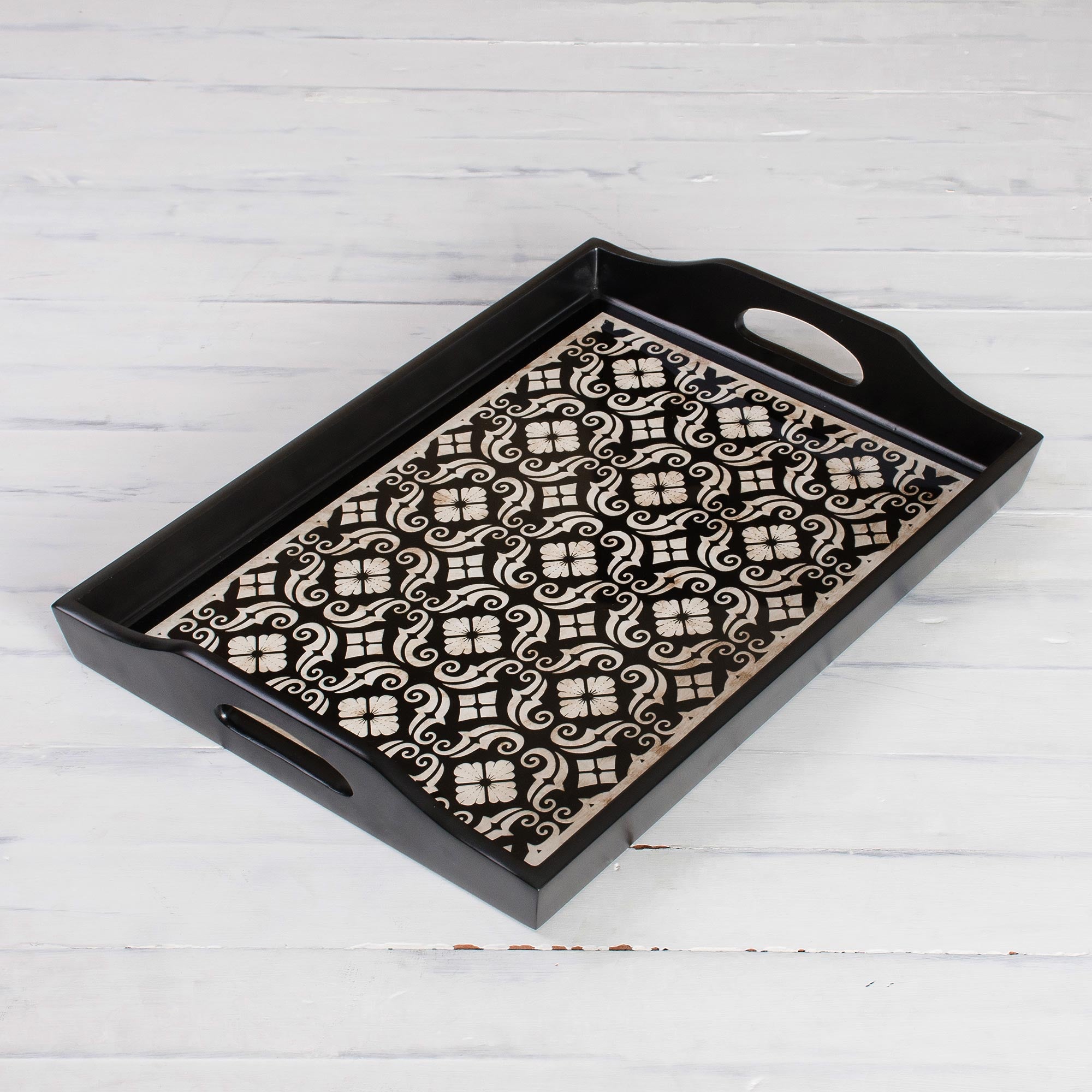 Premium Floral Muse Handmade Reverse Painted Glass Serving Tray - Black