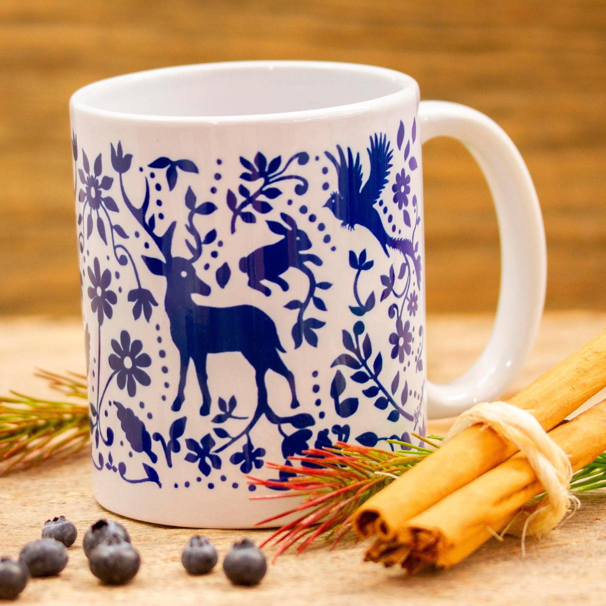 Premium Otomi Artisan Ceramic Mug - Handcrafted Blue Birds & Flowers Design