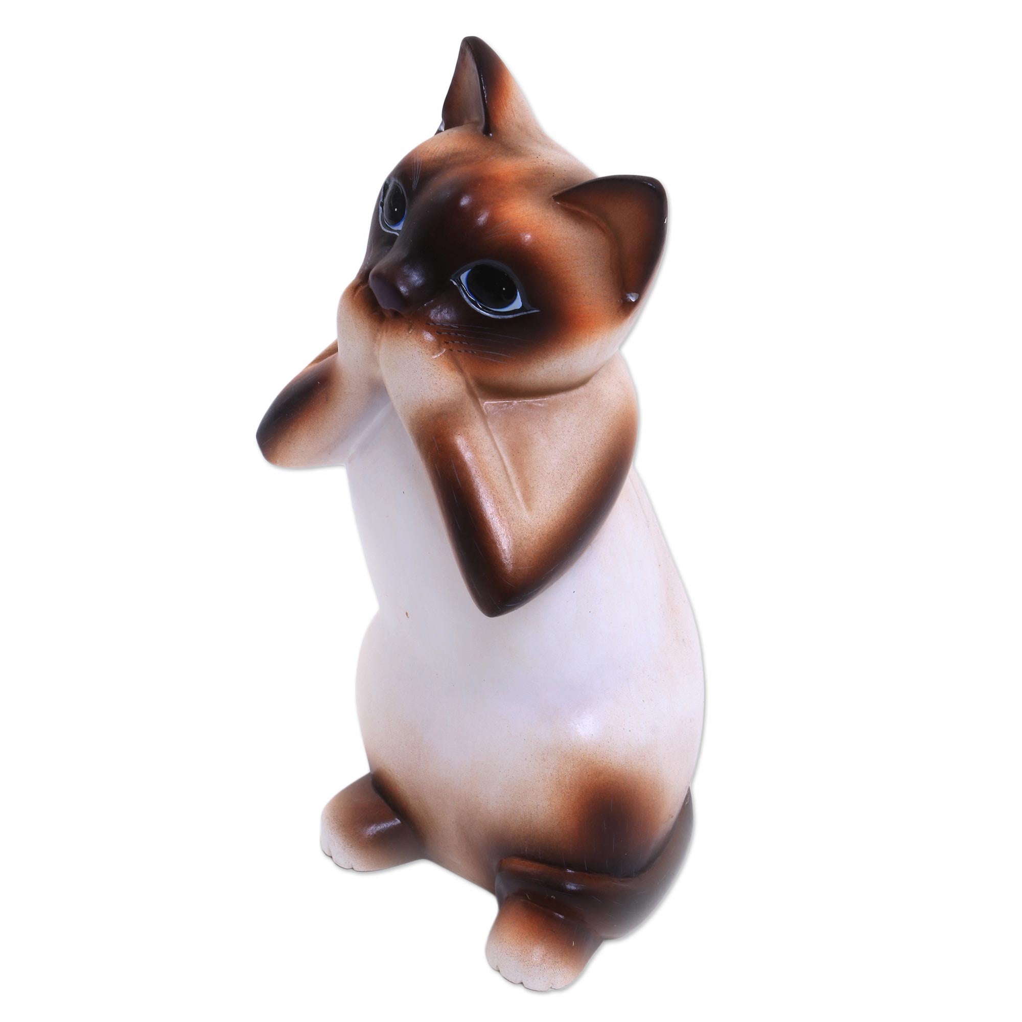 Premium Hand-Carved Siamese Cat Sculpture - Speak No Evil Design