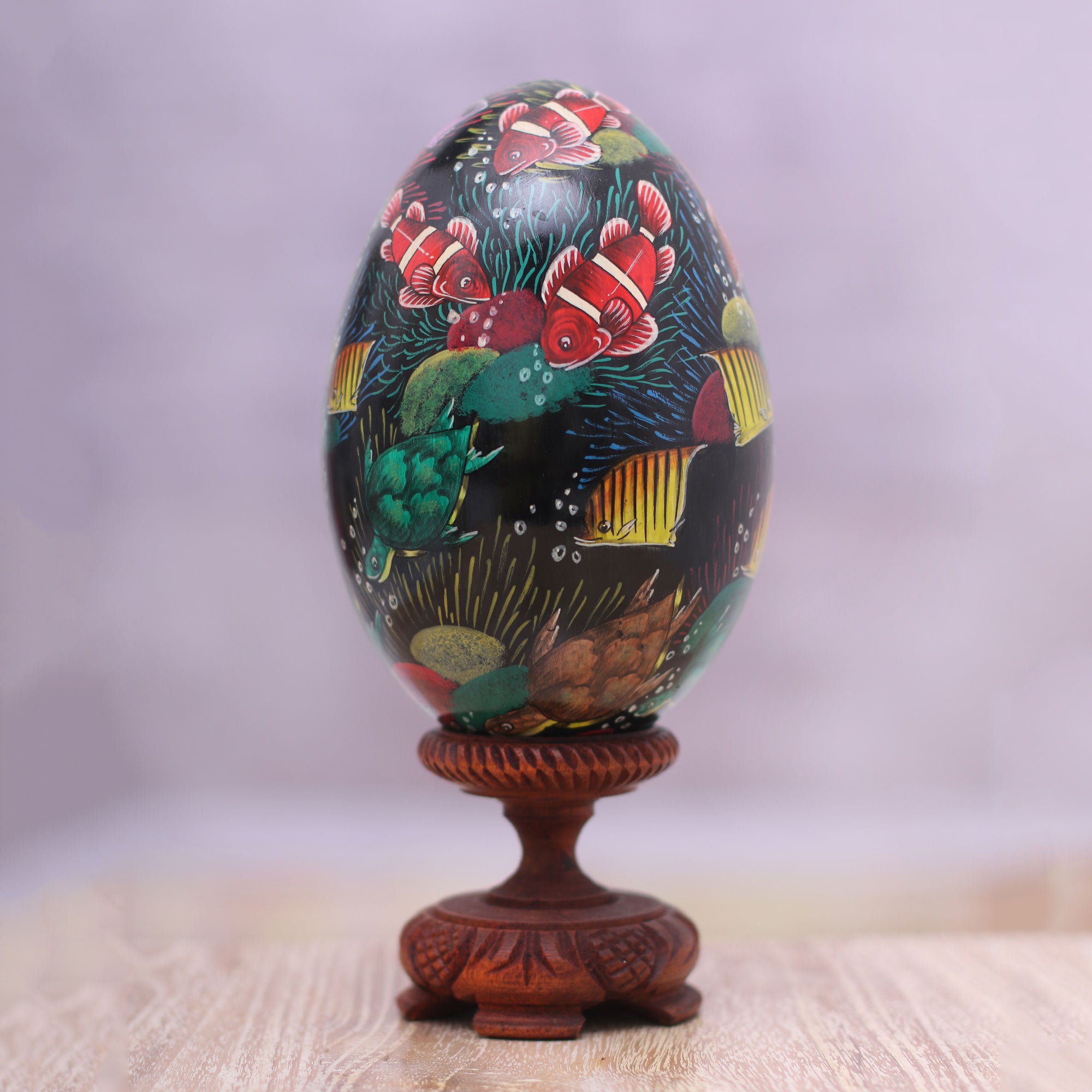 Premium Hand-Painted Reef Fish Wooden Egg Statuette – Bali Artisan Crafted