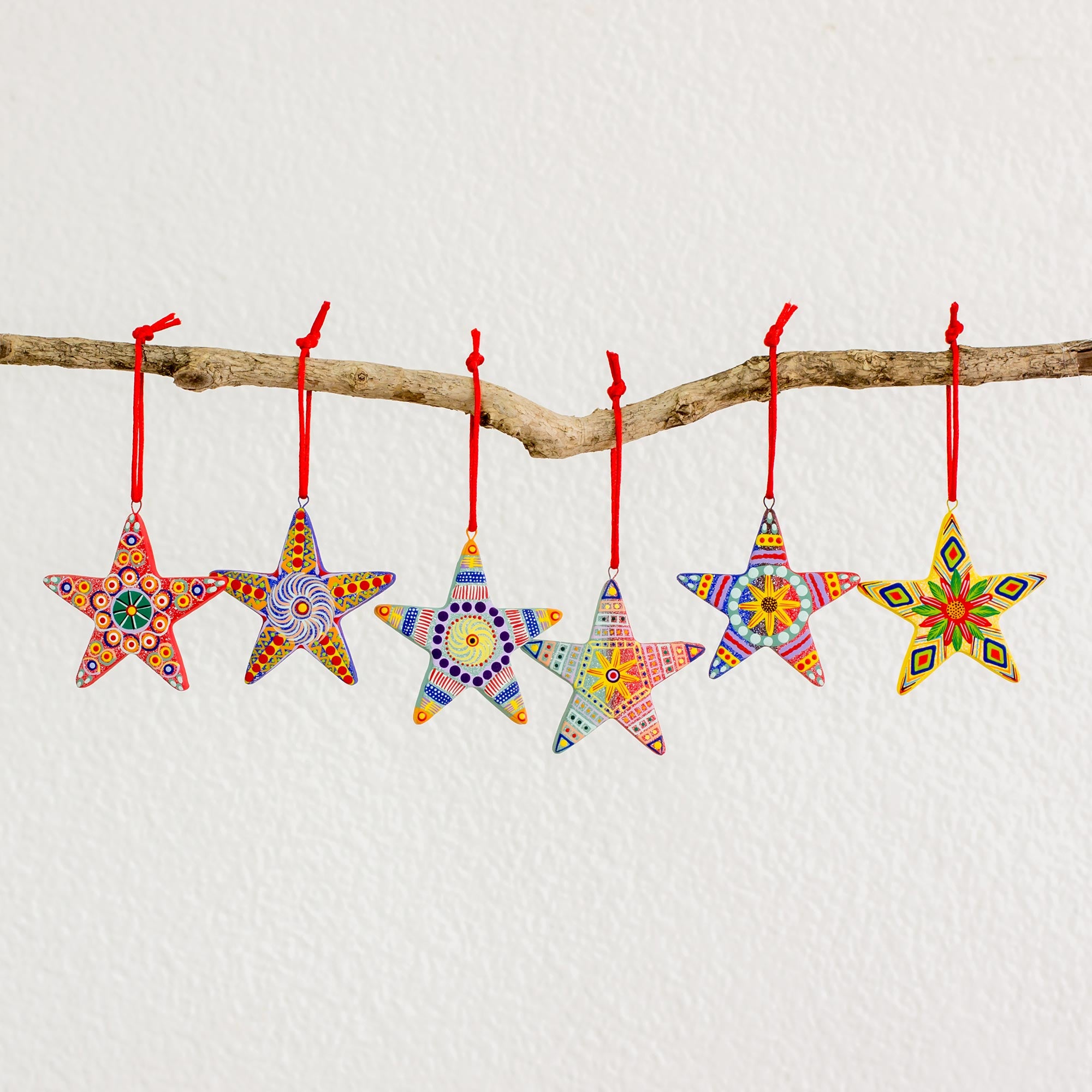 Premium Hand-Painted Christmas Star Ceramic Ornament Set - Set of 6