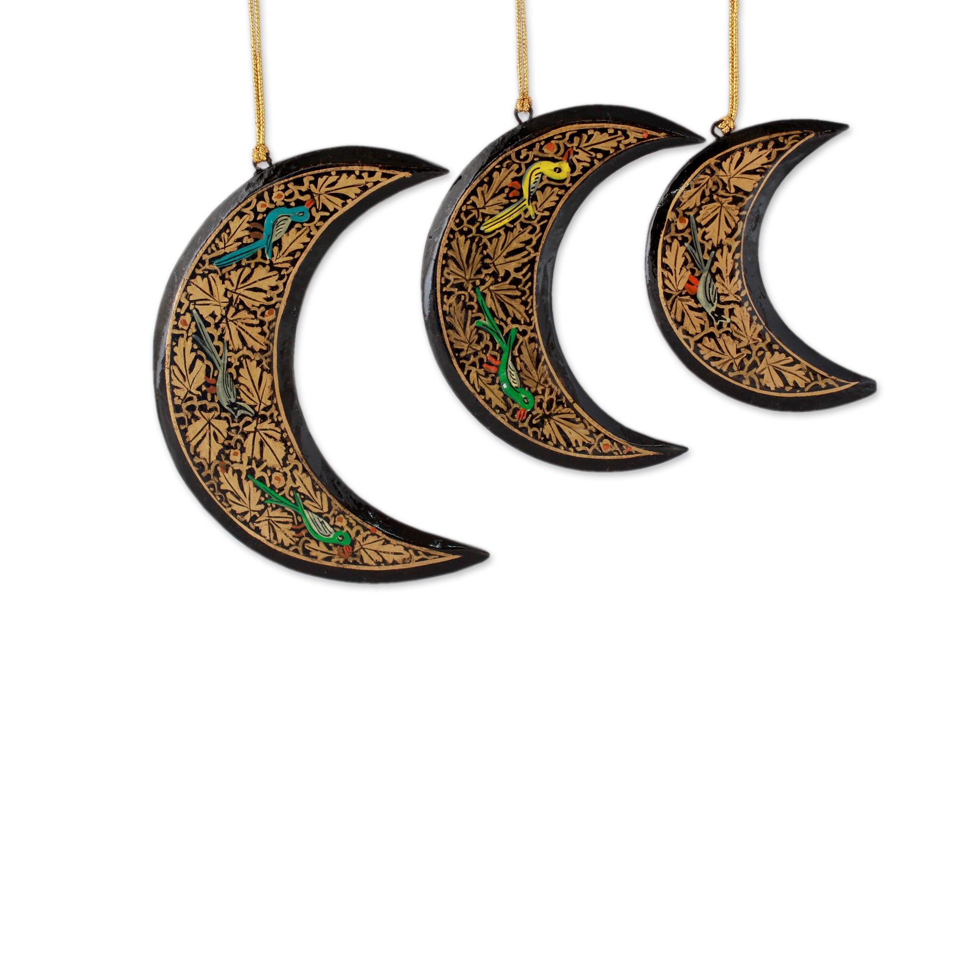 Premium Handcrafted Wooden Christmas Ornaments with Golden Leaves & Songbirds (Set of 3)
