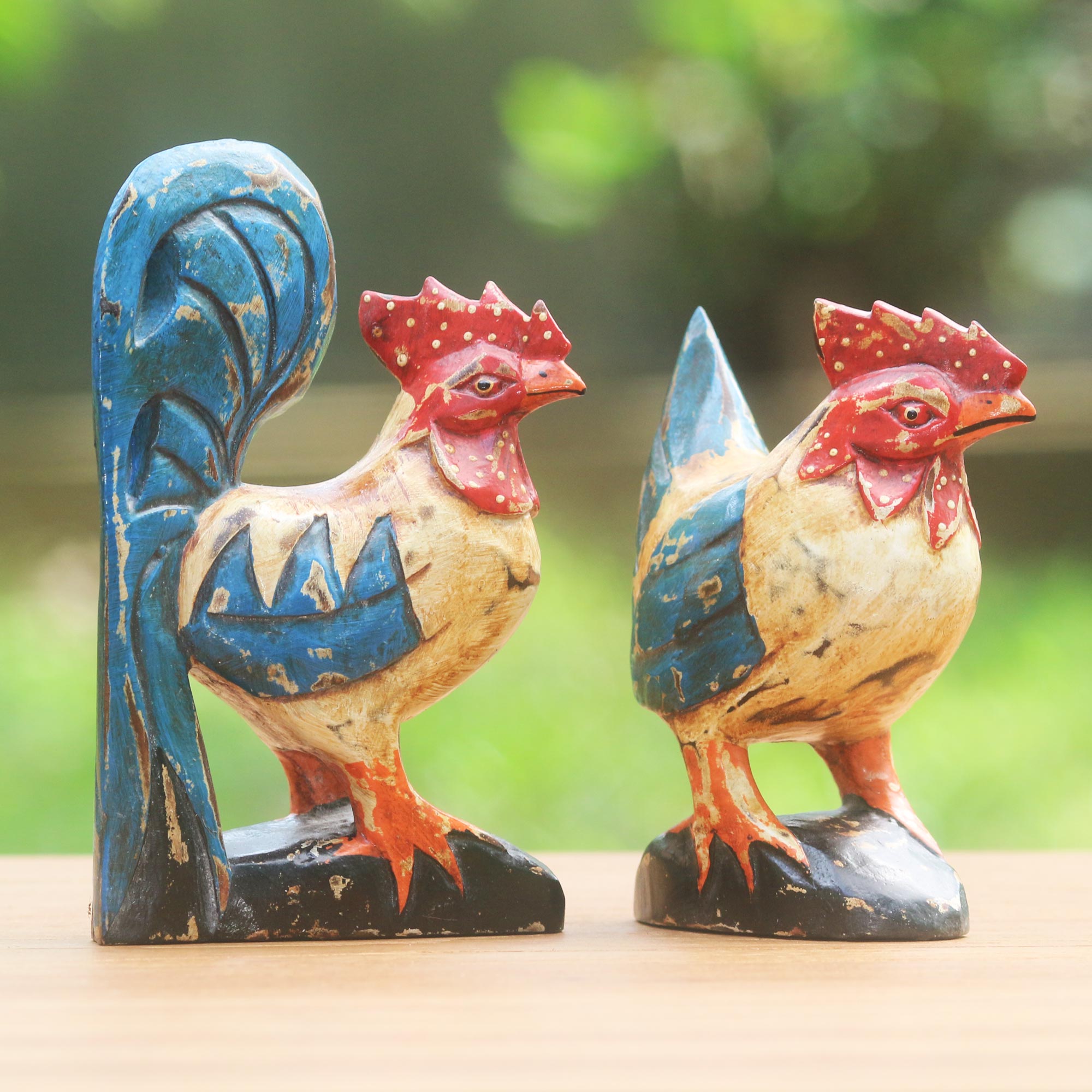 Premium Hand-Carved Wooden Chicken Sculptures - Blue & Red Pair (Indonesia)