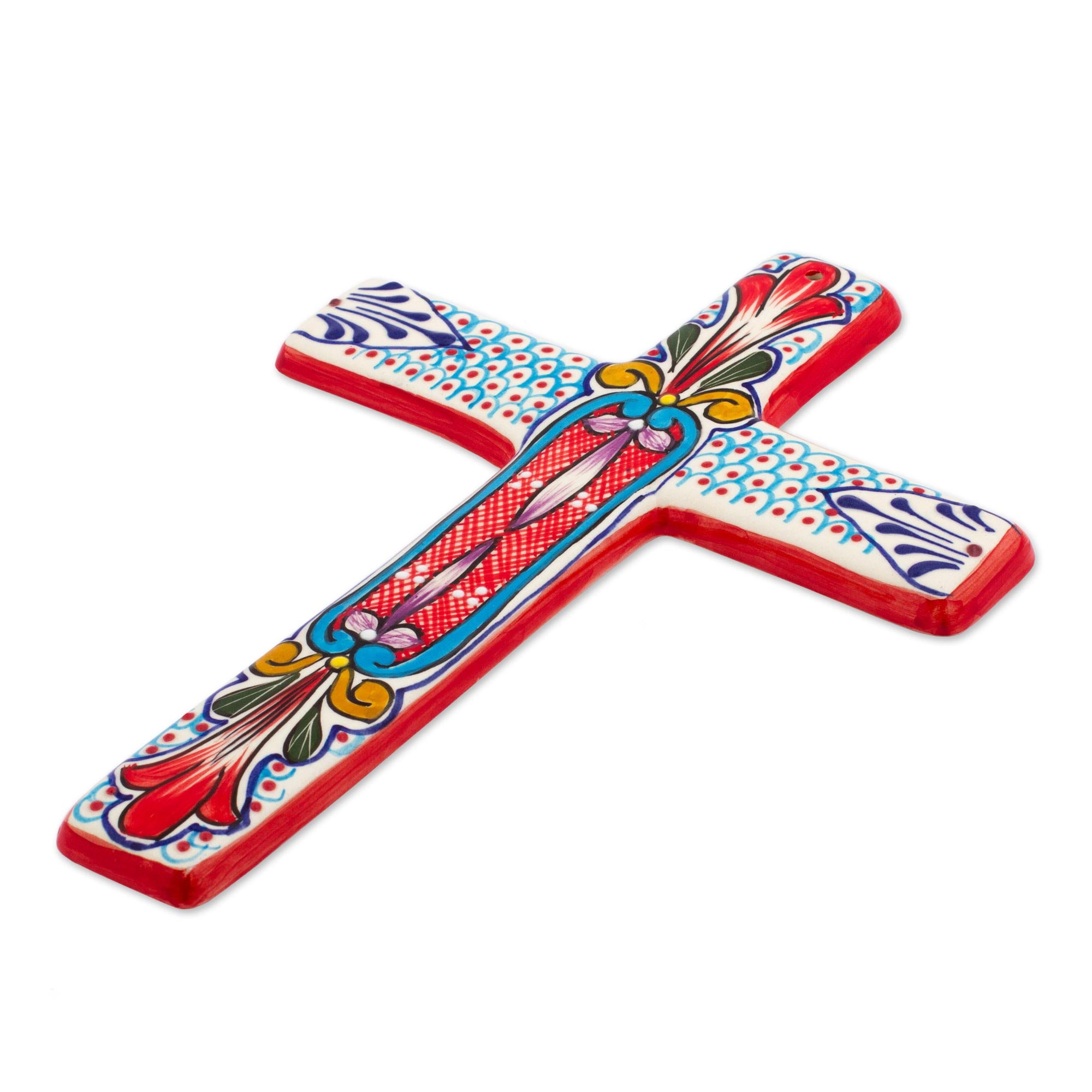Premium Hand-Painted Red Lily Ceramic Wall Cross – Authentic Mexican Artisan Craft