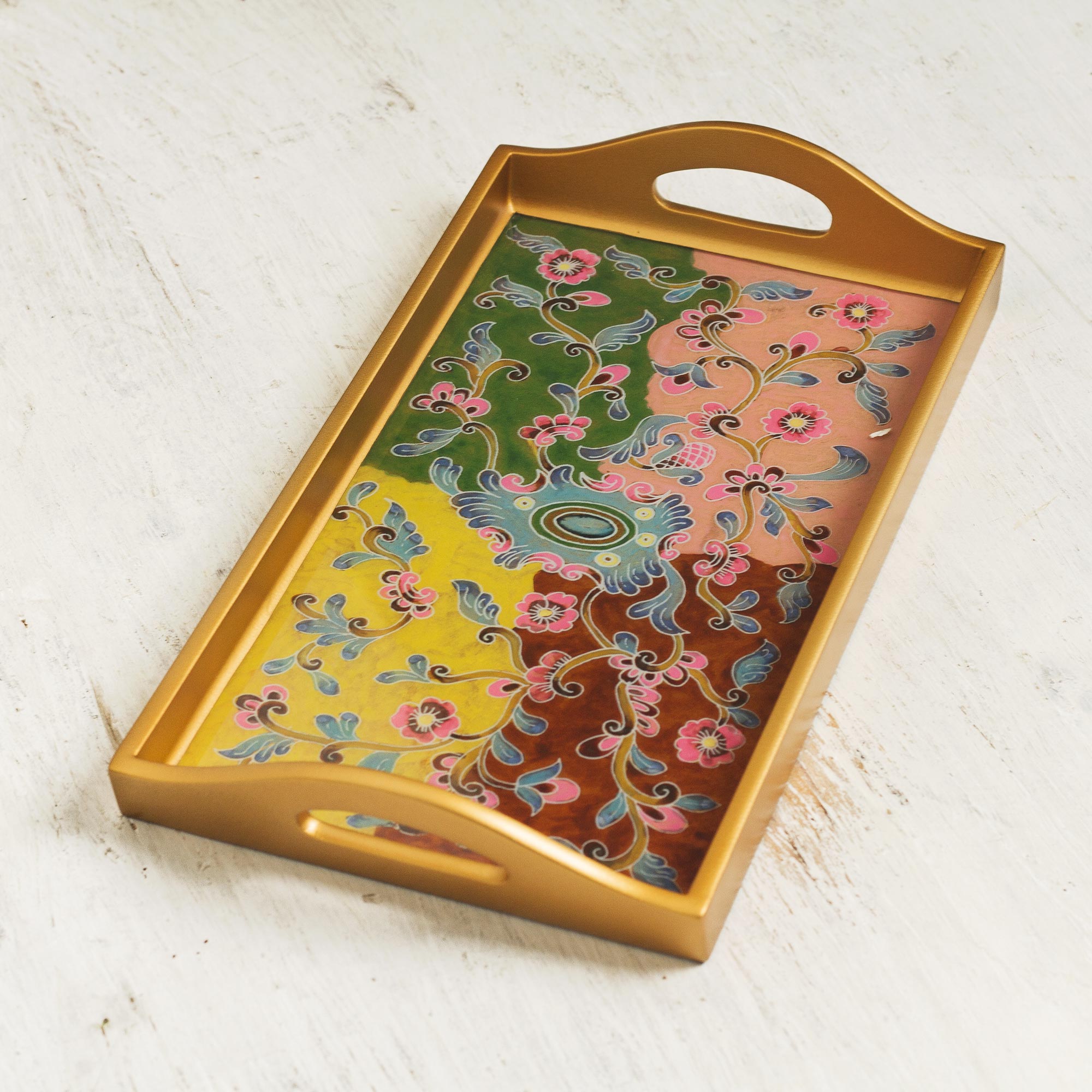 Premium Miraflores Reverse-Painted Glass Floral Tray – Handcrafted Elegance