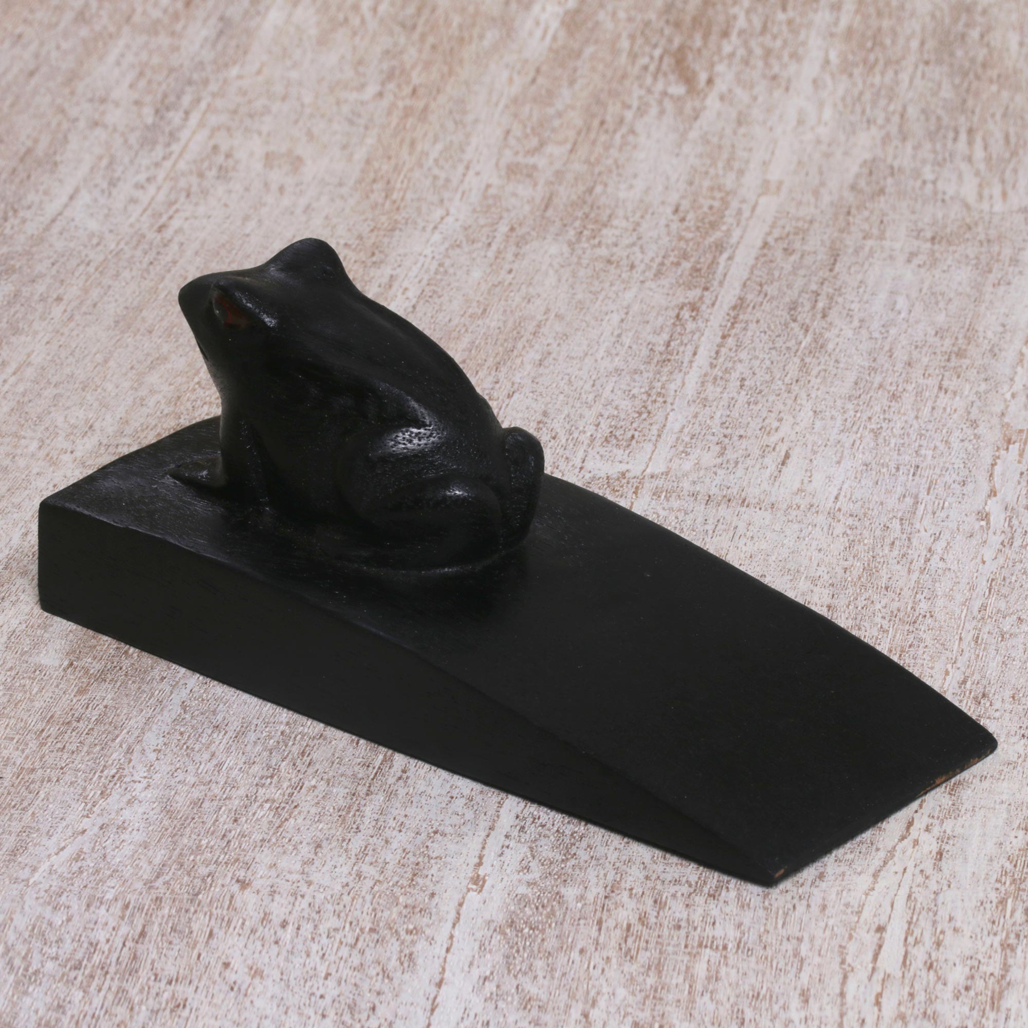 Premium Handcrafted Suar Wood Toad Doorstop - Black, Artisan-Made in Bali