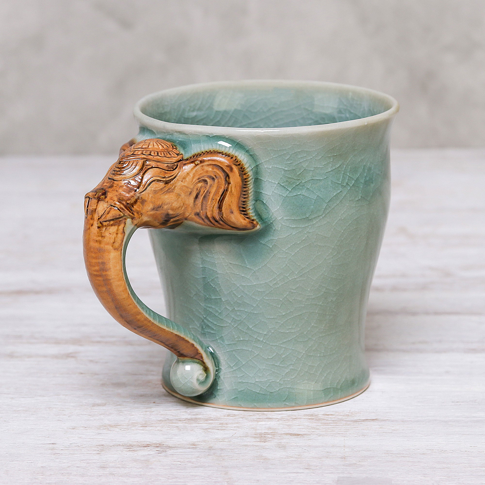 Premium Elephant Handle Ceramic Mug - Green Celadon, 10 oz.