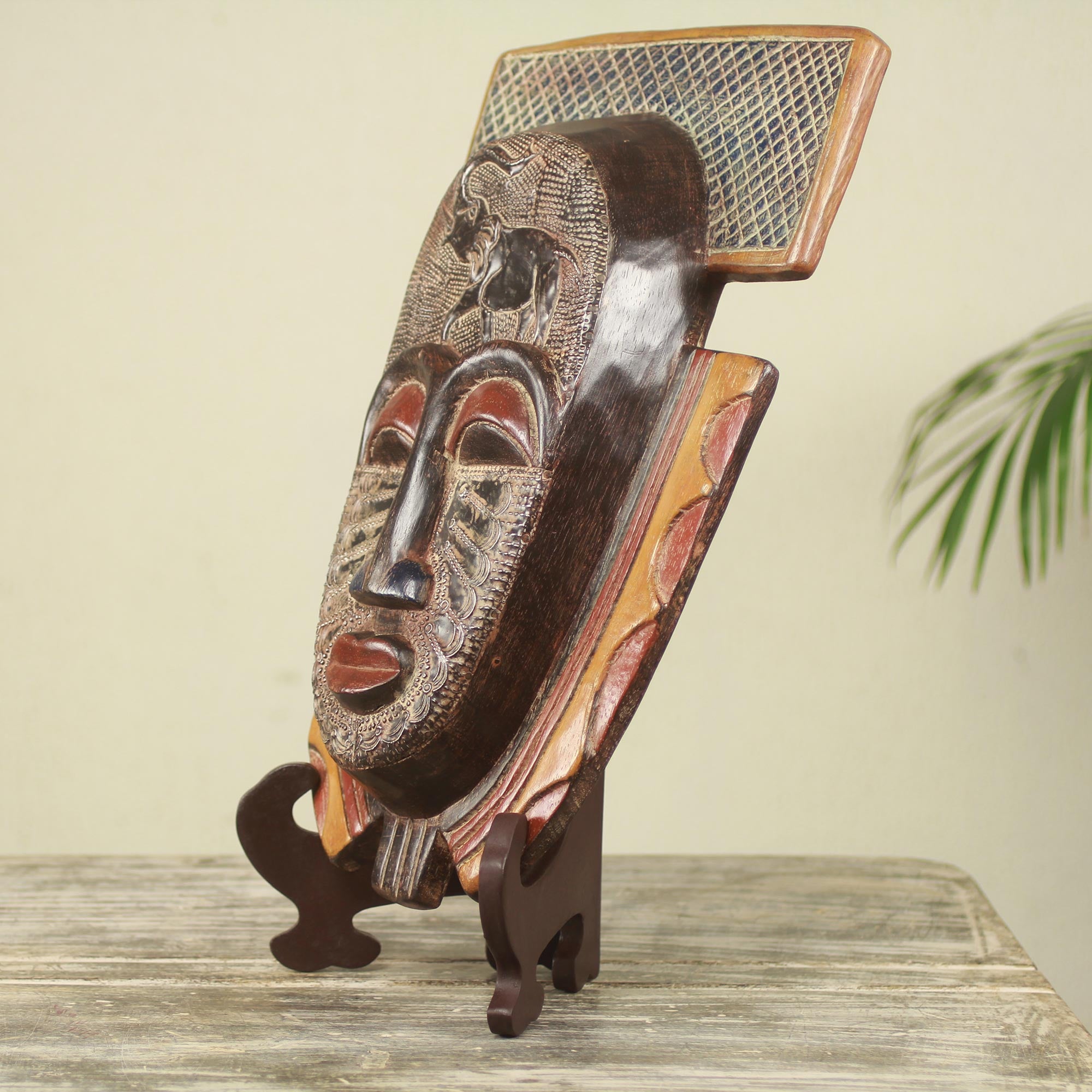 Premium Handcrafted Royal Elephant African Mask with Stand - Authentic Ghana Art