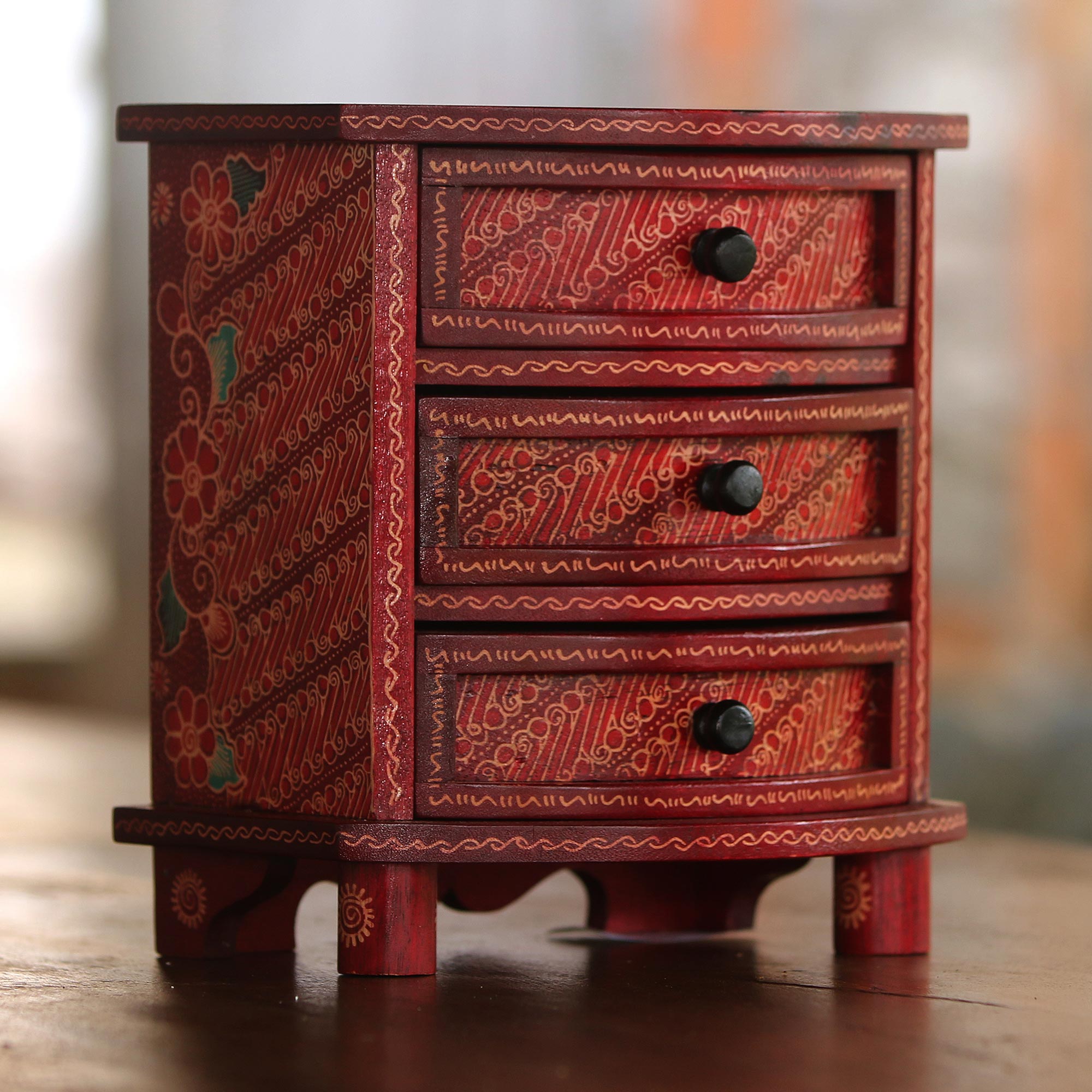 Premium Scarlet Scrolls Batik Jewelry Box - Handcrafted Parang Motif