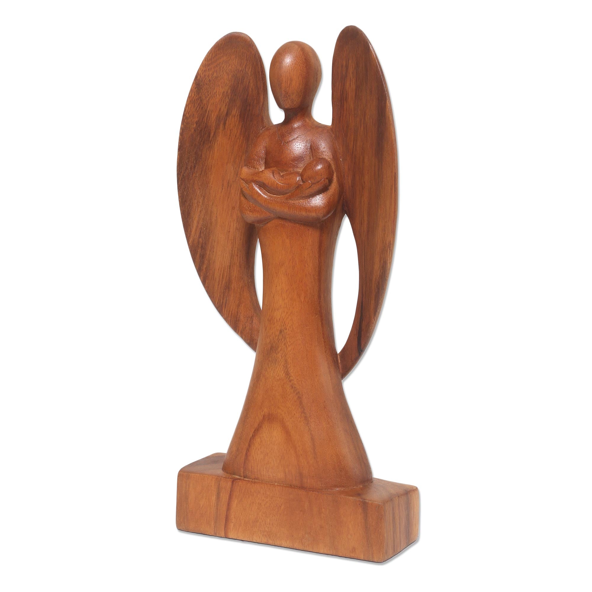 Premium Guardian Angel Hand-Carved Wood Sculpture - Angel and Baby Art Piece