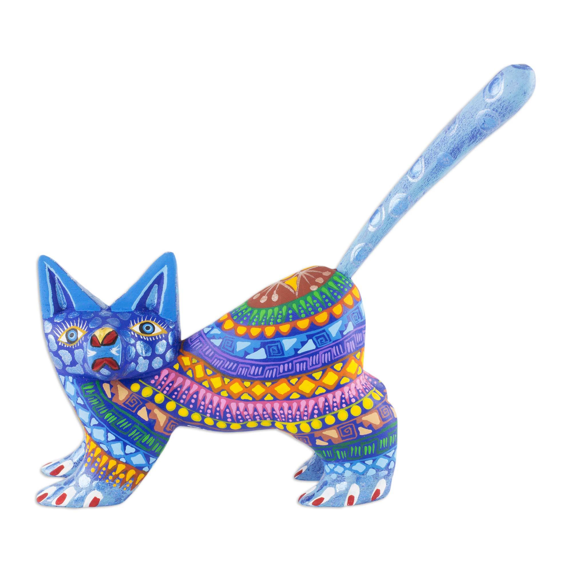 Premium Handcrafted Blue Kitten Sculpture - Oaxaca Folk Art
