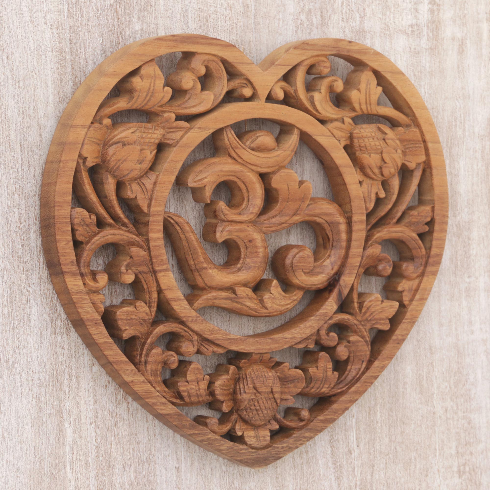 Premium Balinese Om Wood Wall Art - Hand Carved Suar Wood Panel