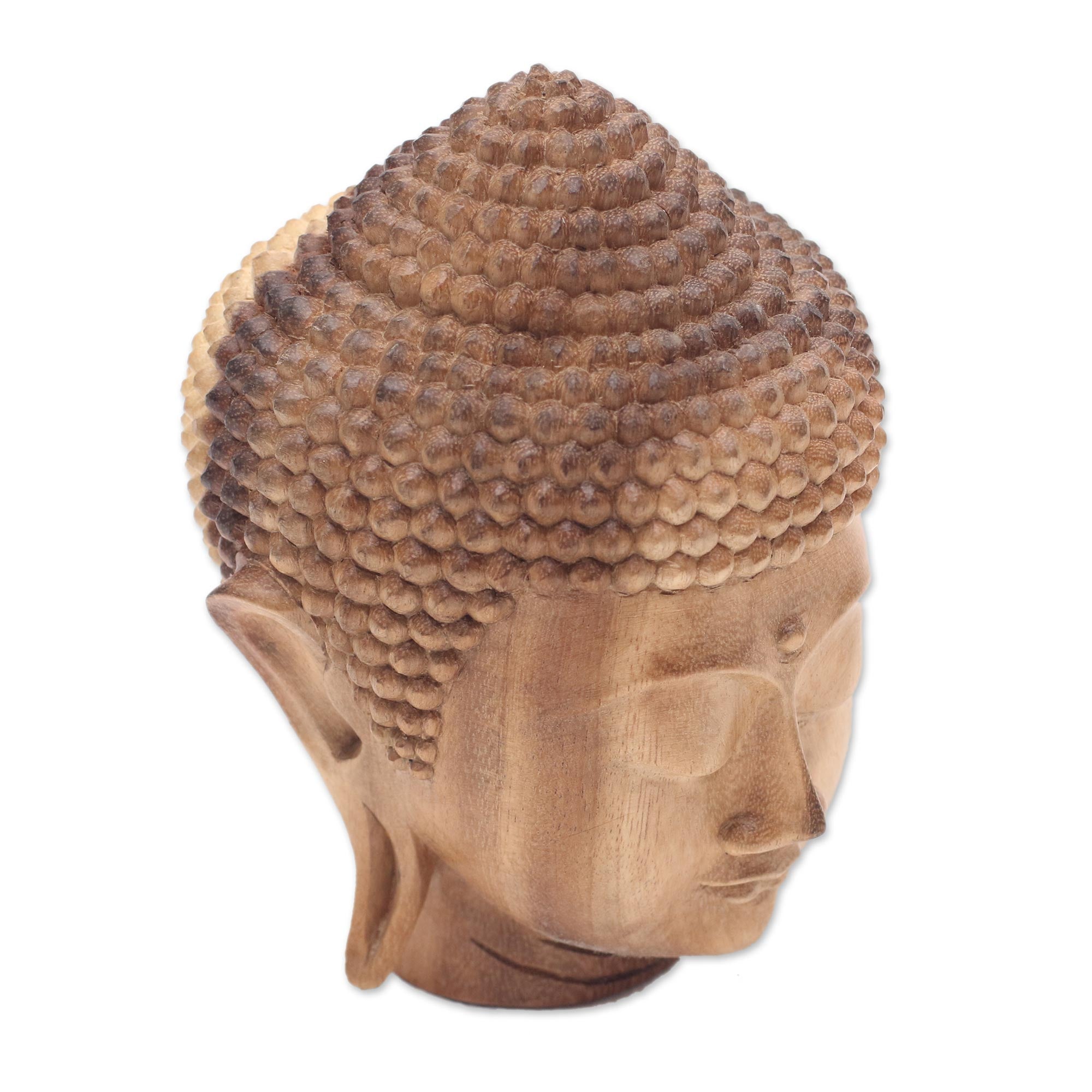 Premium Hand-Carved Suar Wood Buddha Head Sculpture - Serene Art from Bali