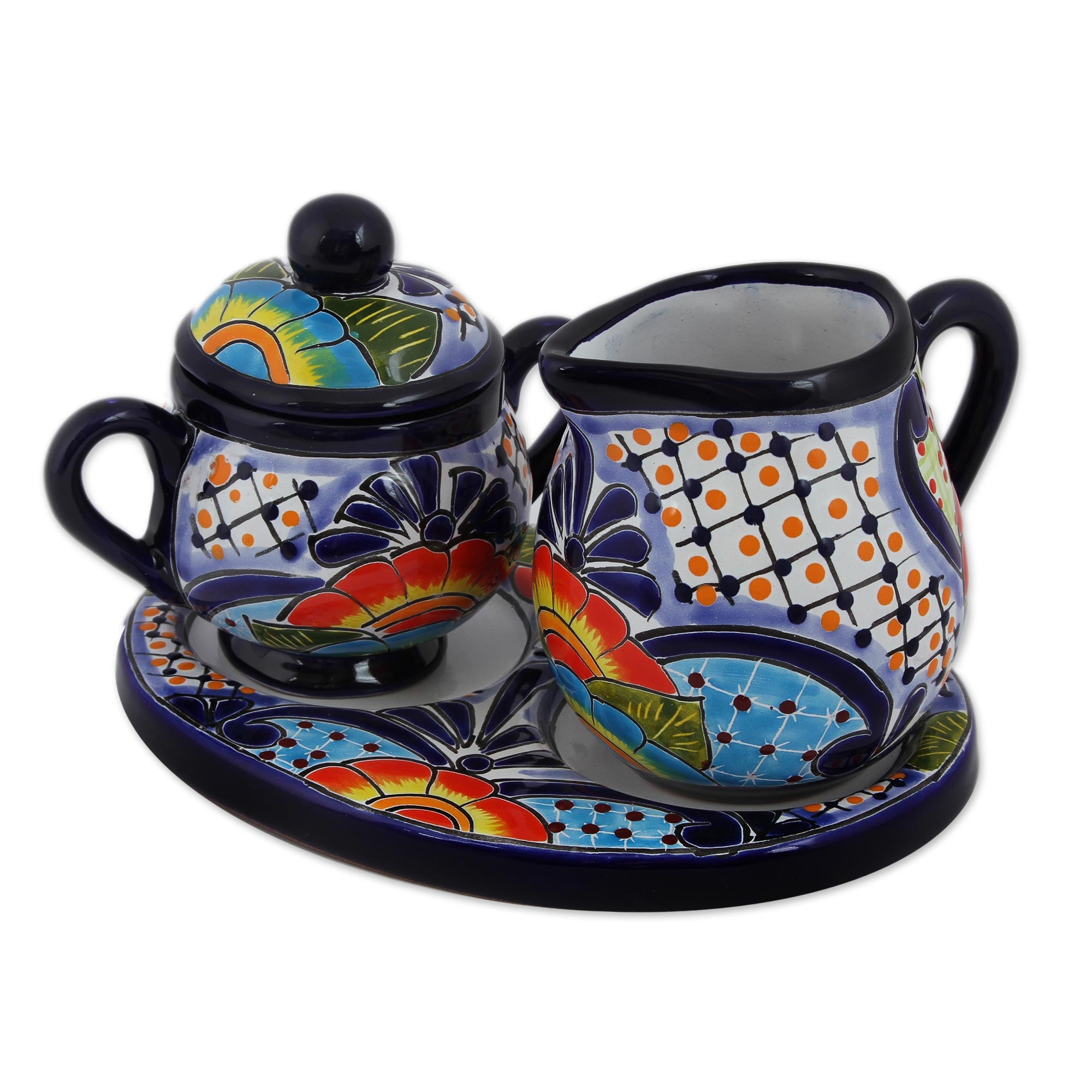 Premium Raining Flowers Talavera Ceramic Set – Handcrafted Creamer & Sugar Bowl with Tray