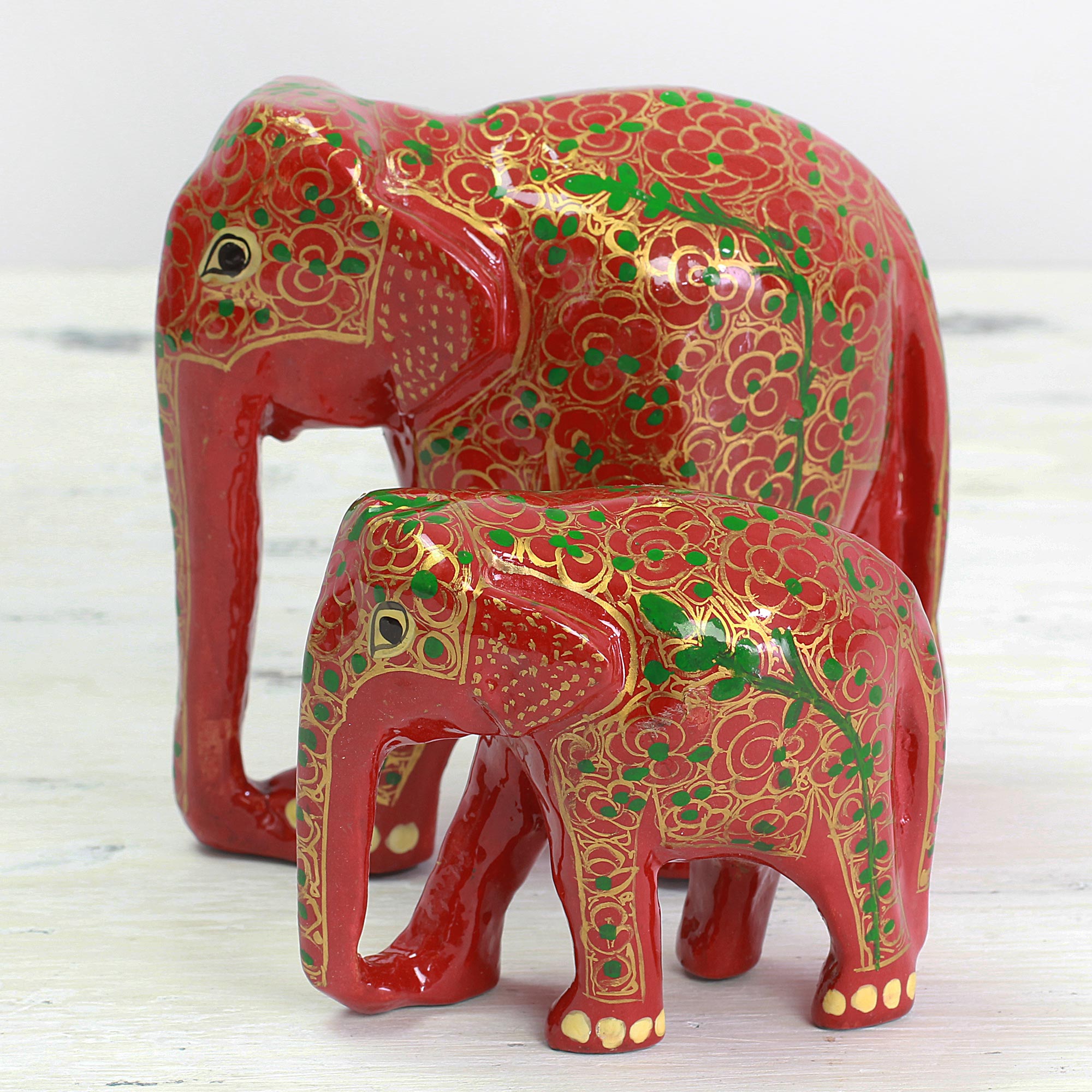 Premium Indian Handcrafted Mother & Baby Elephant Sculpture Set - Floral Design