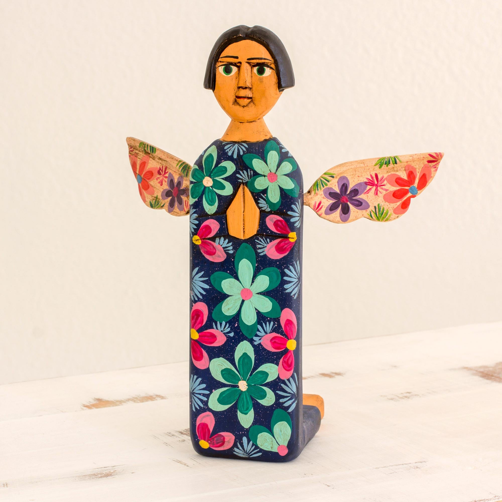 Premium Hand-Carved Wooden Angel Sculpture – Vibrant Guatemalan Artistry