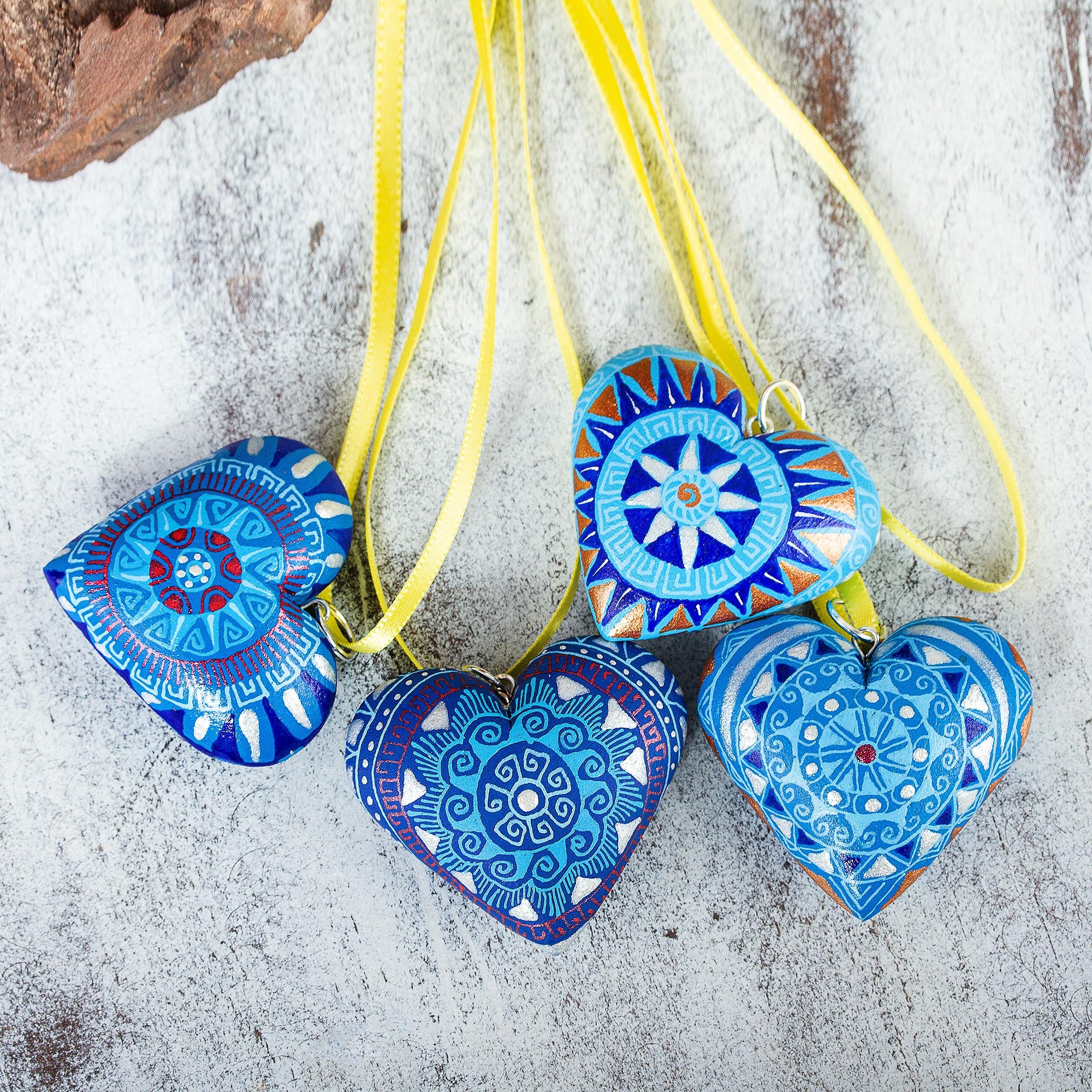 Premium Hand-Painted Blue Zapotec Heart Ornaments - Set of 4