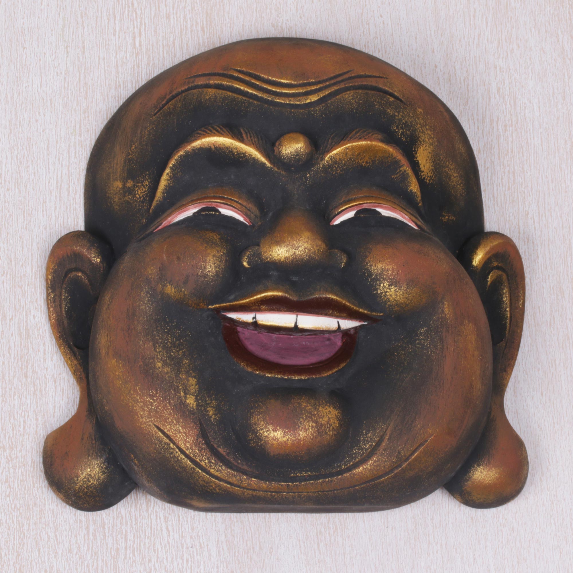 Premium Gold-Tone Balinese Laughing Buddha Wood Wall Mask - Handcrafted Art Piece