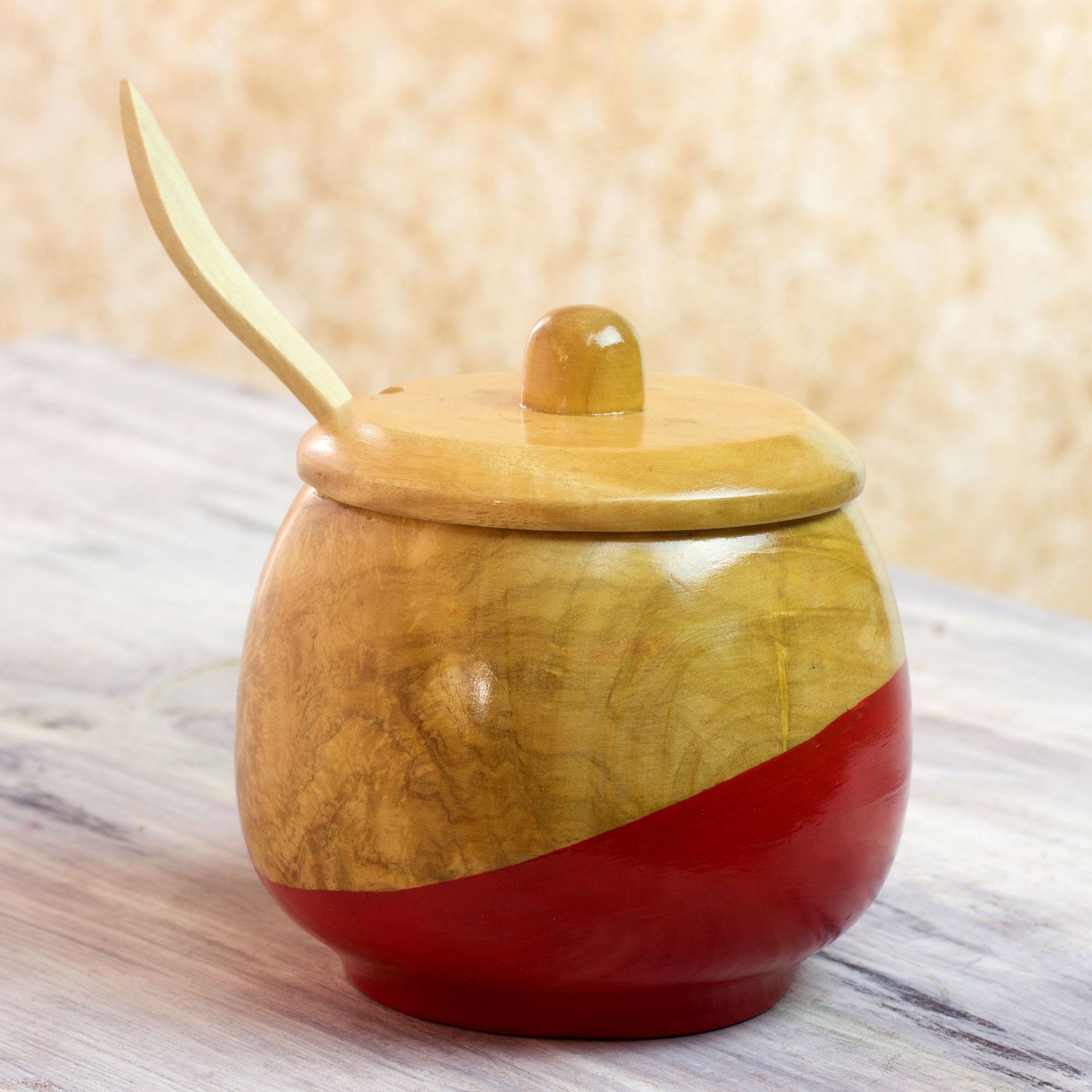 Premium Handcrafted Red Dipped Wooden Sugar Bowl & Spoon Set
