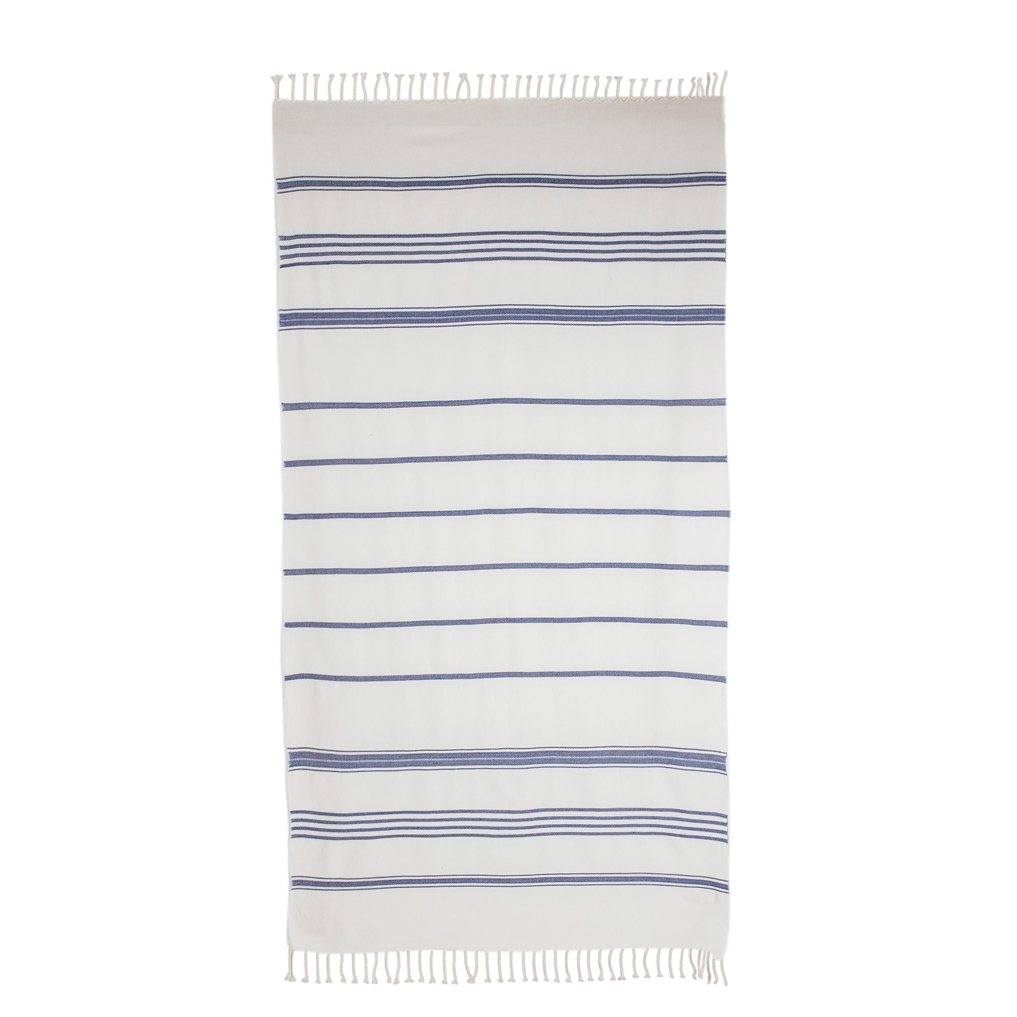 Premium Snow White Cotton Beach Towel with Indigo Stripes – Ultimate Relaxation